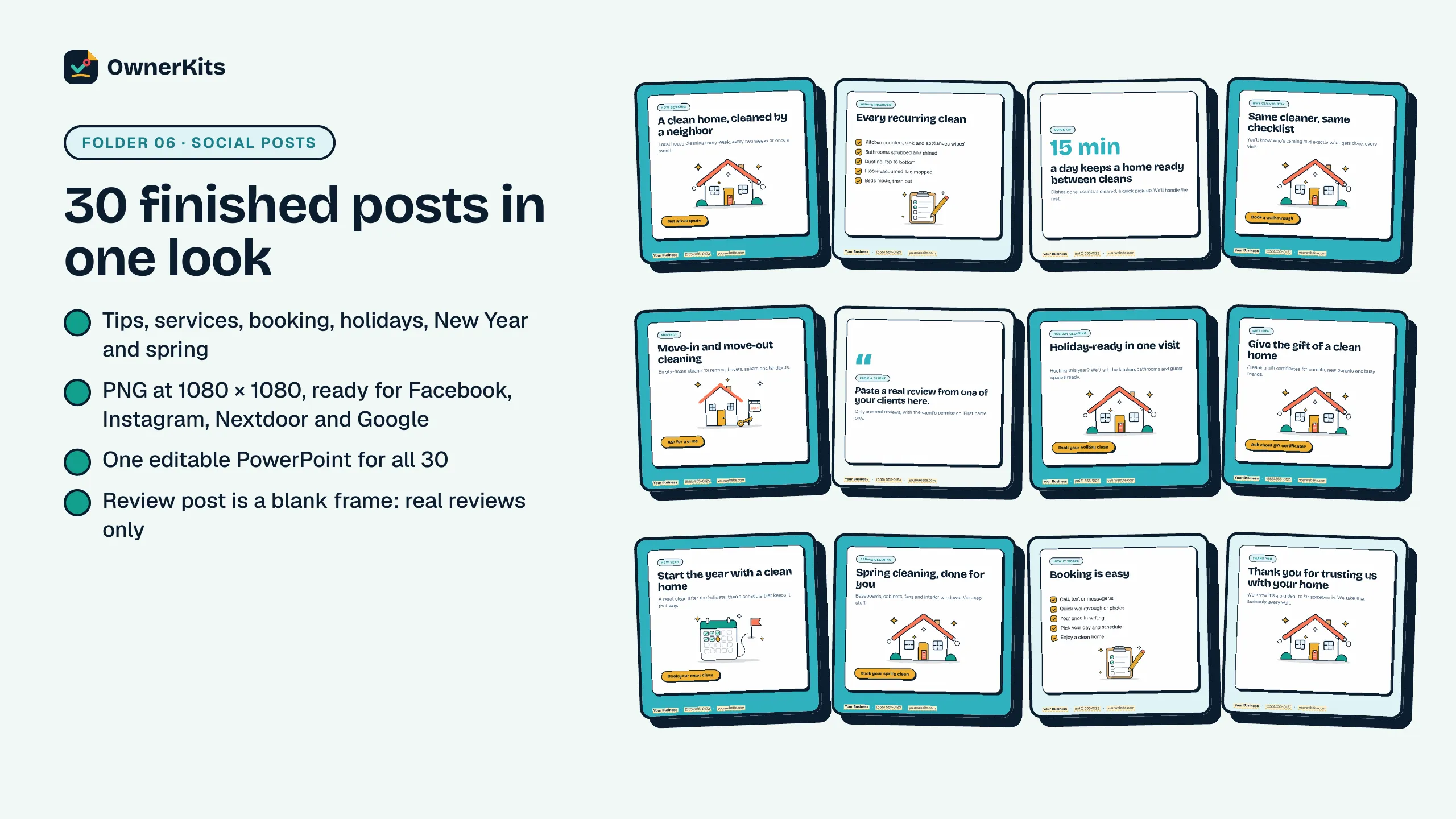 Twelve of the 30 cleaning social posts: tips, services, holiday, New Year and spring
