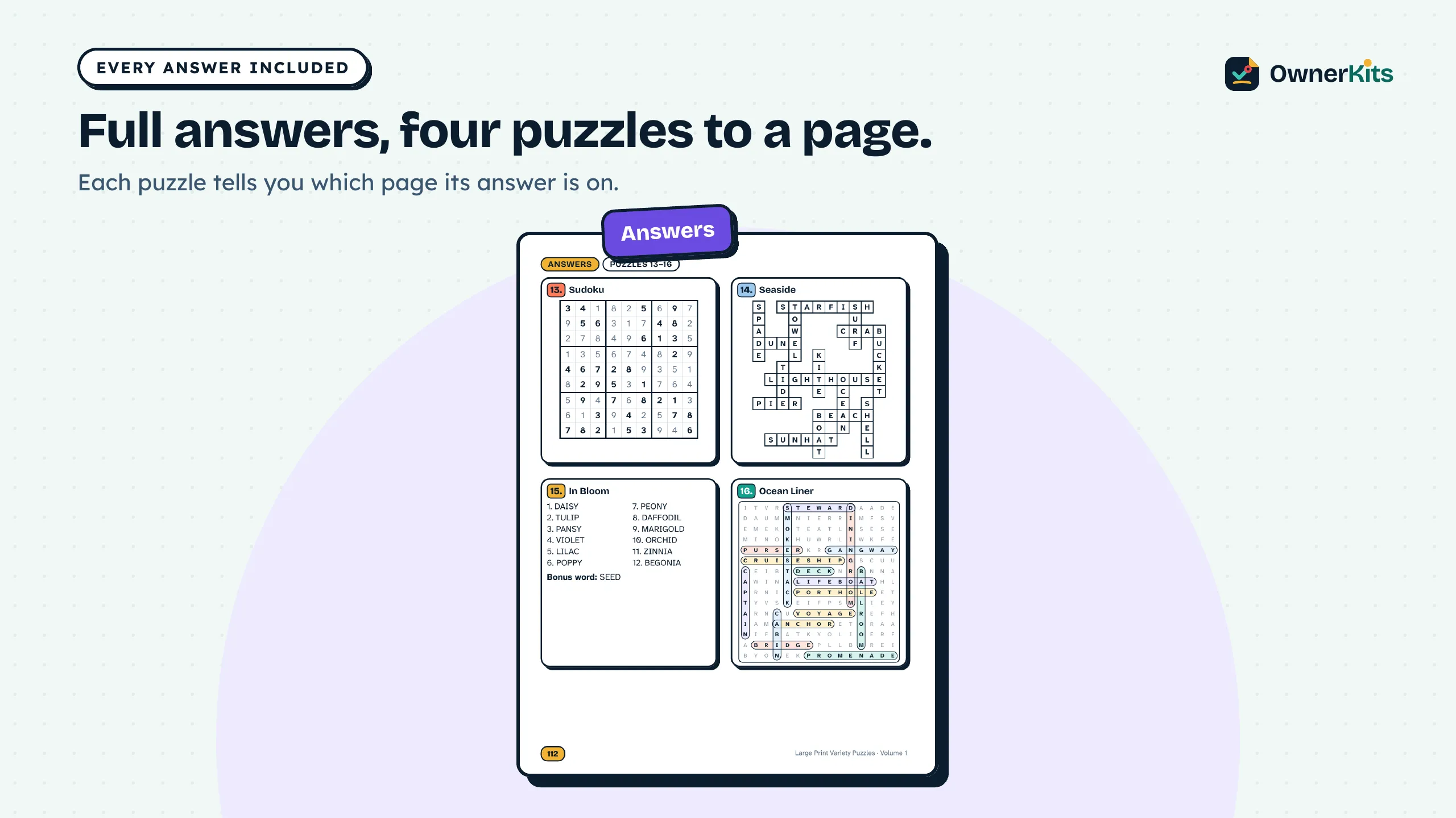 An answers page with four puzzles