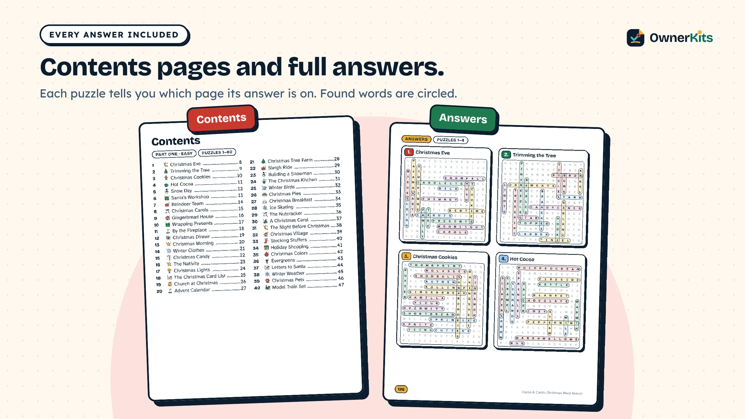 Contents page and an answers page with the found words circled