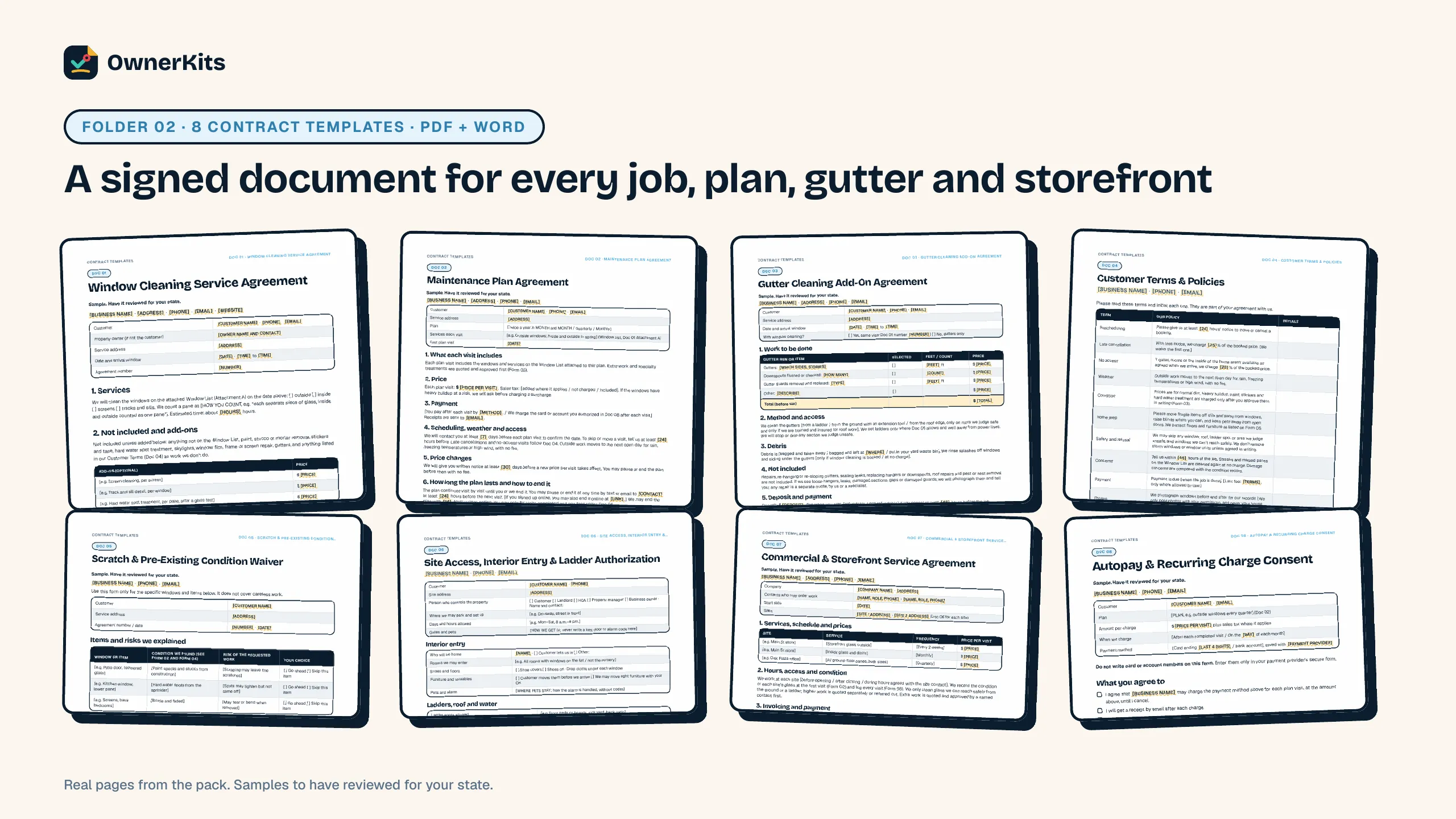The 8 window cleaning contract templates: service, plan, gutter add-on, customer terms, scratch waiver, access and interior entry, commercial and autopay
