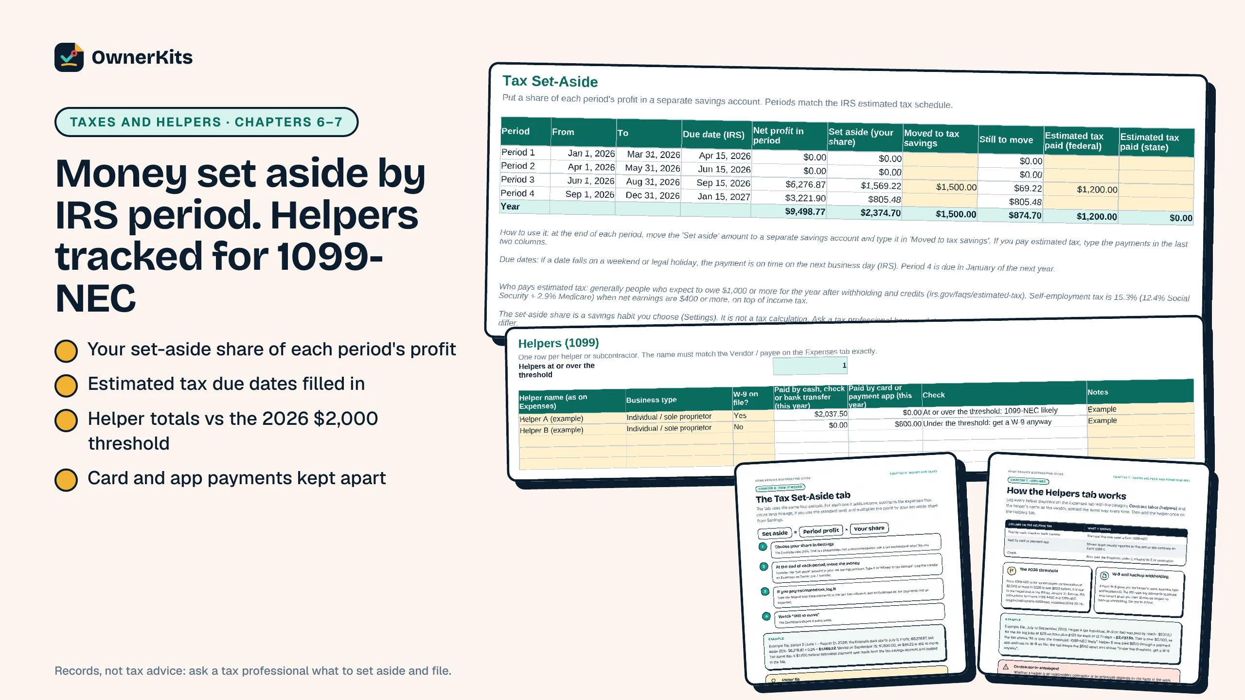 Tax Set-Aside tab by IRS period and the Helpers (1099) tab