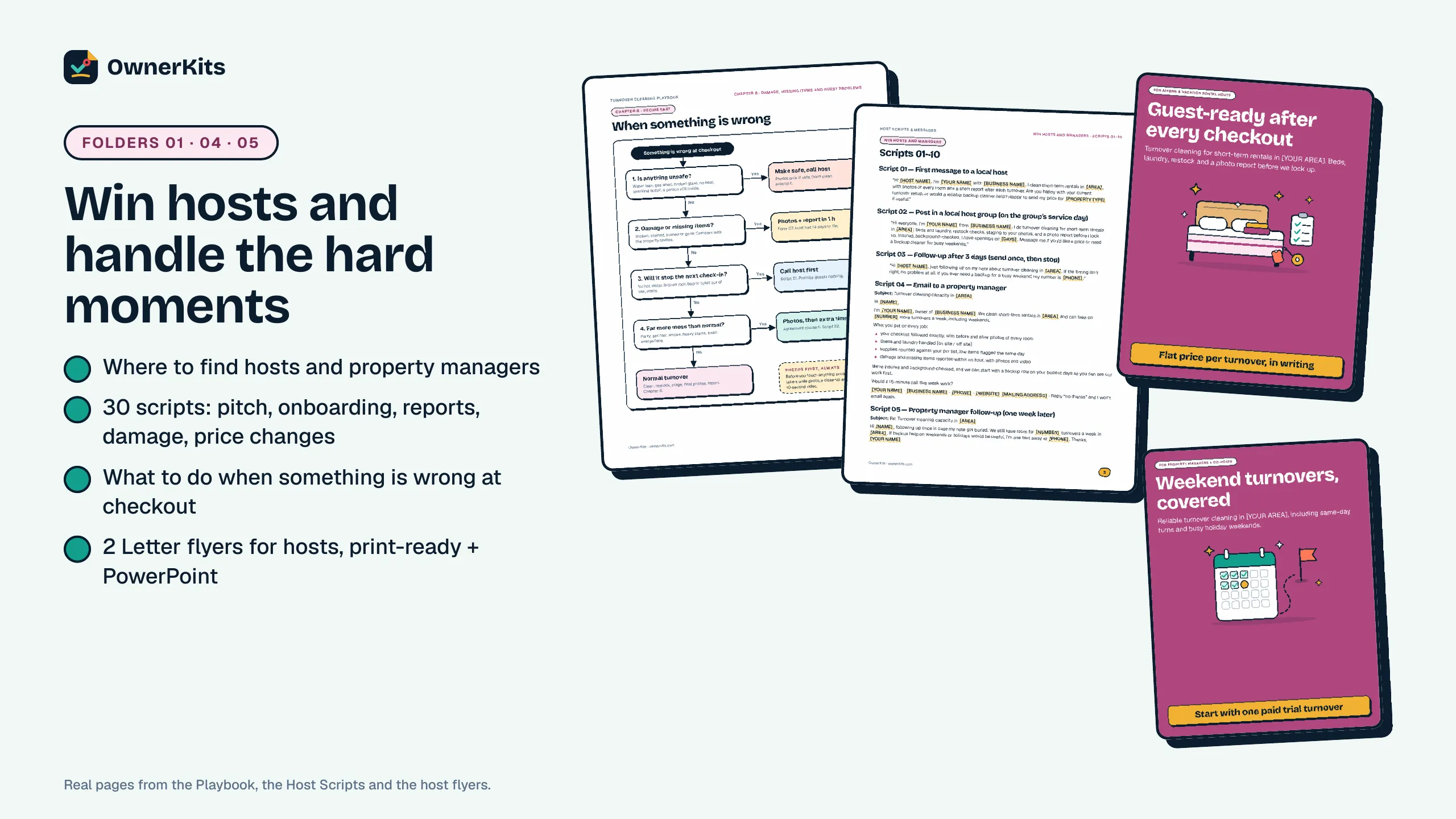 Damage decision tree, host scripts page and two host flyers