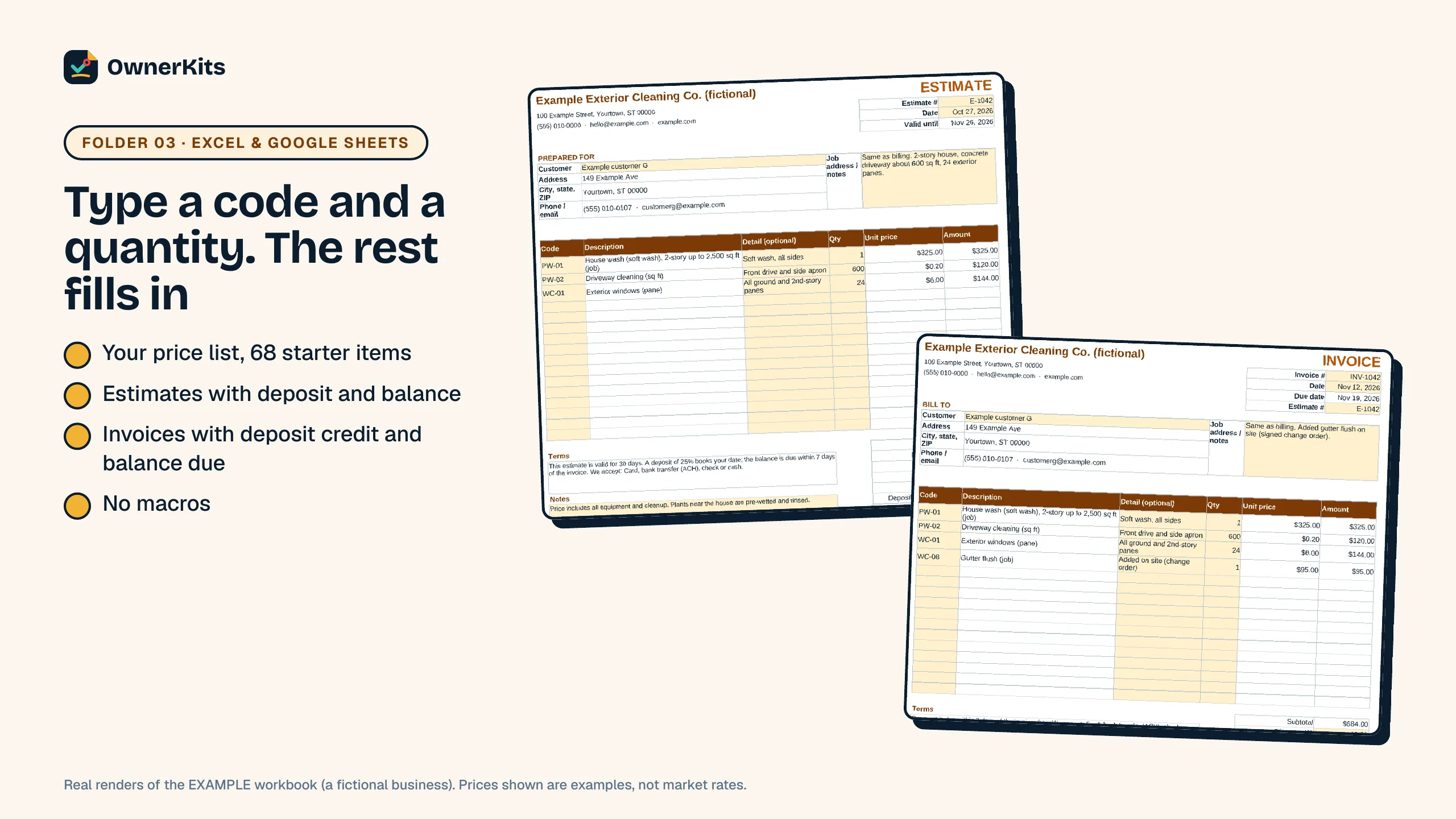 Invoice Maker in Excel: an example estimate and invoice for a fictional exterior cleaning business