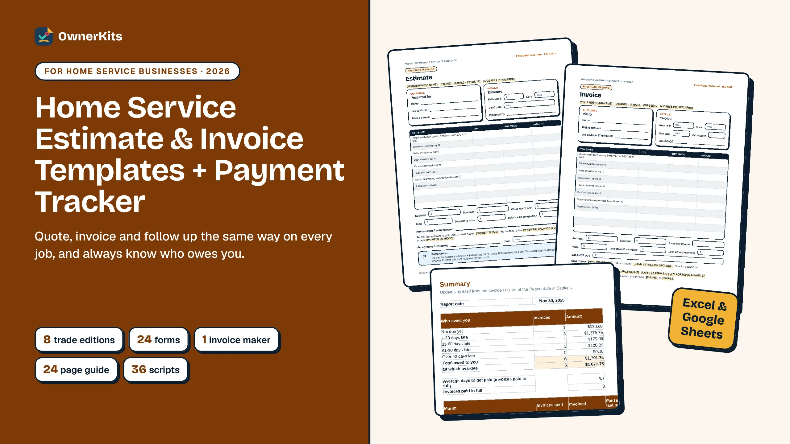 Home Service Estimate & Invoice Templates + Payment Tracker cover: pressure washing estimate and invoice templates and the Invoice Maker summary
