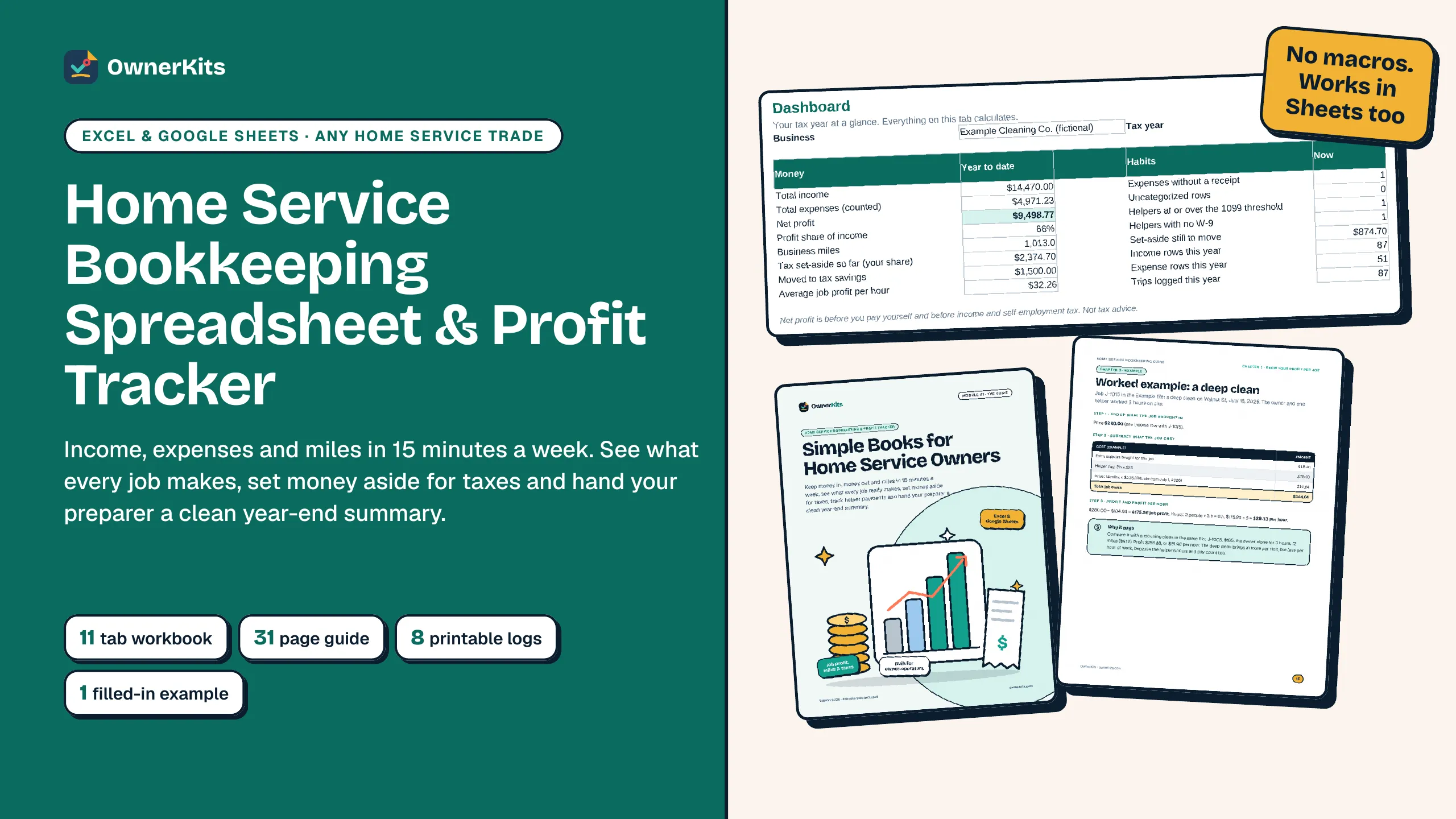 Home Service Bookkeeping Spreadsheet & Profit Tracker cover: the Dashboard tab, the guide cover and a worked job-profit page