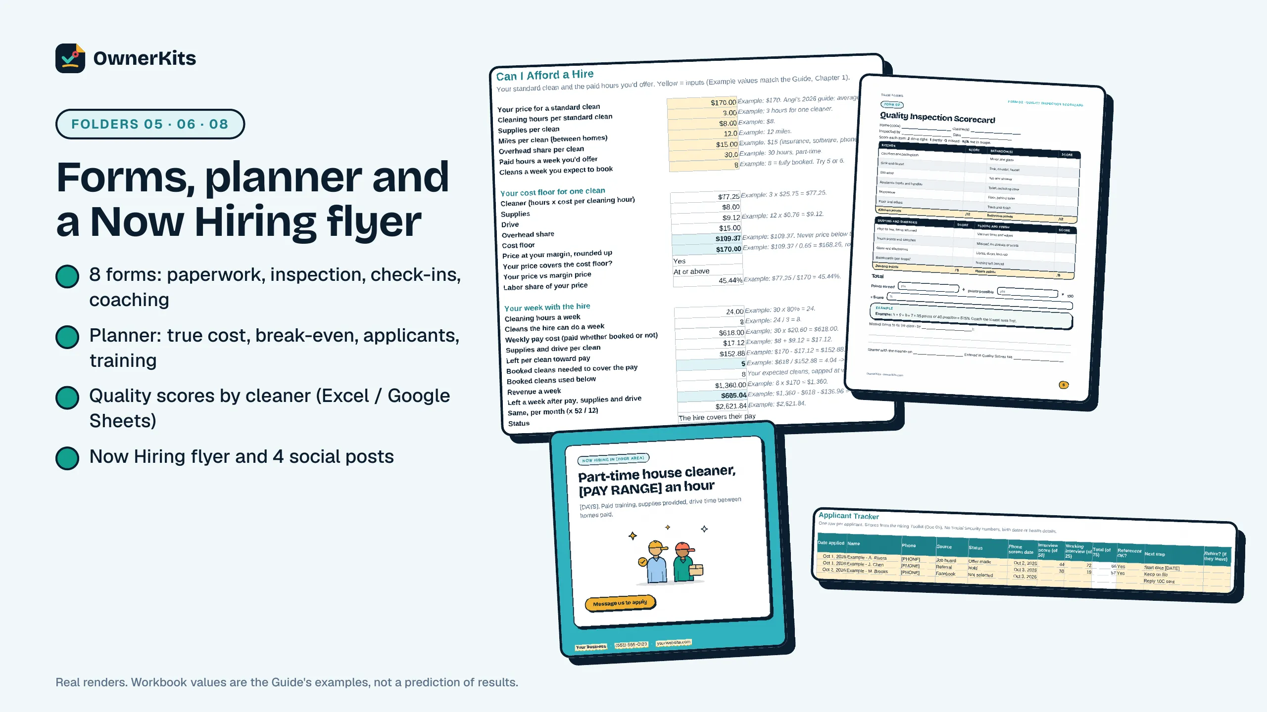 Hiring Planner Can I Afford a Hire sheet with example values, quality inspection scorecard, applicant tracker and a Now Hiring post