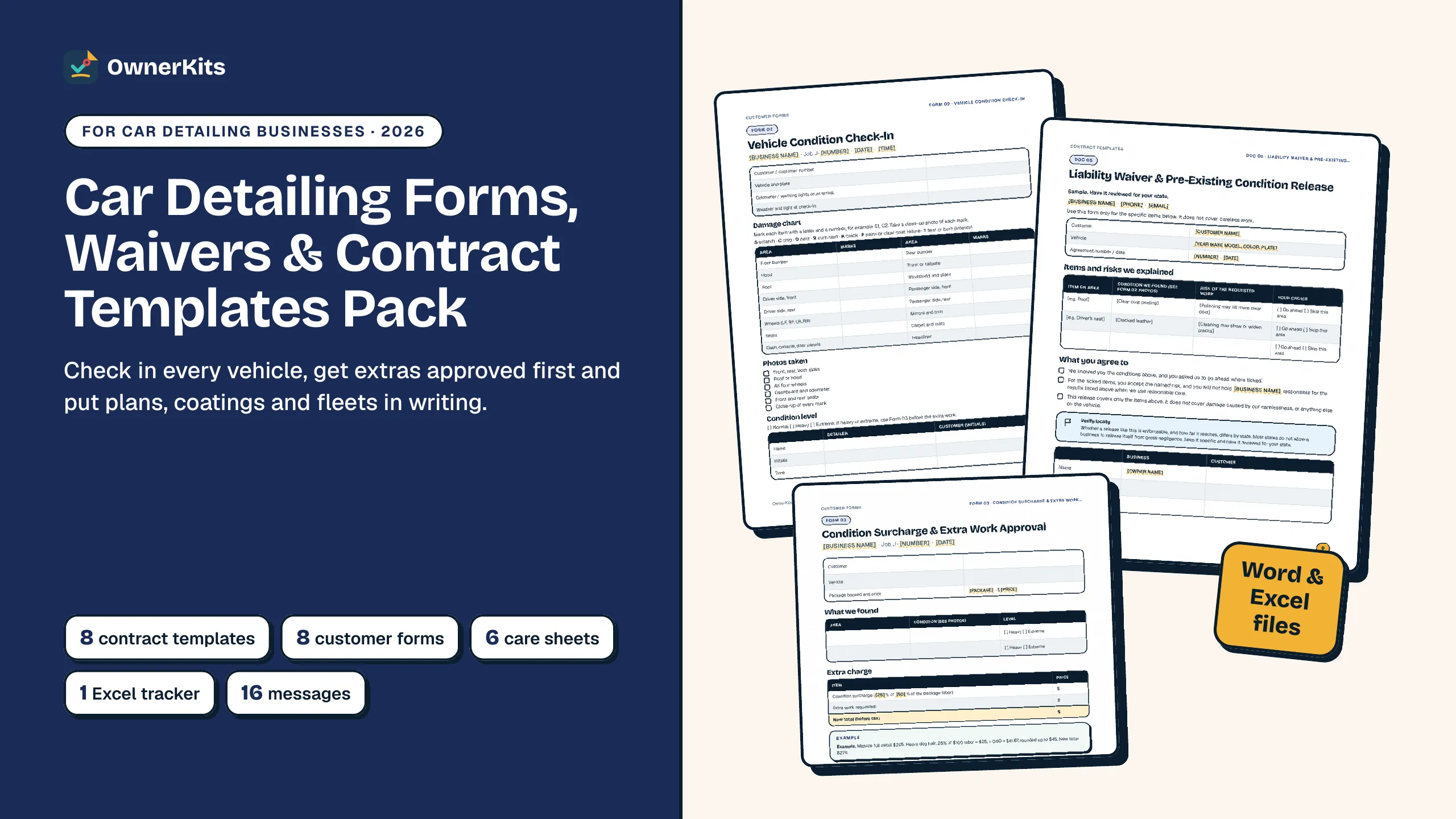 Car Detailing Forms, Waivers & Contract Templates Pack cover showing the check-in form, liability waiver and surcharge approval pages