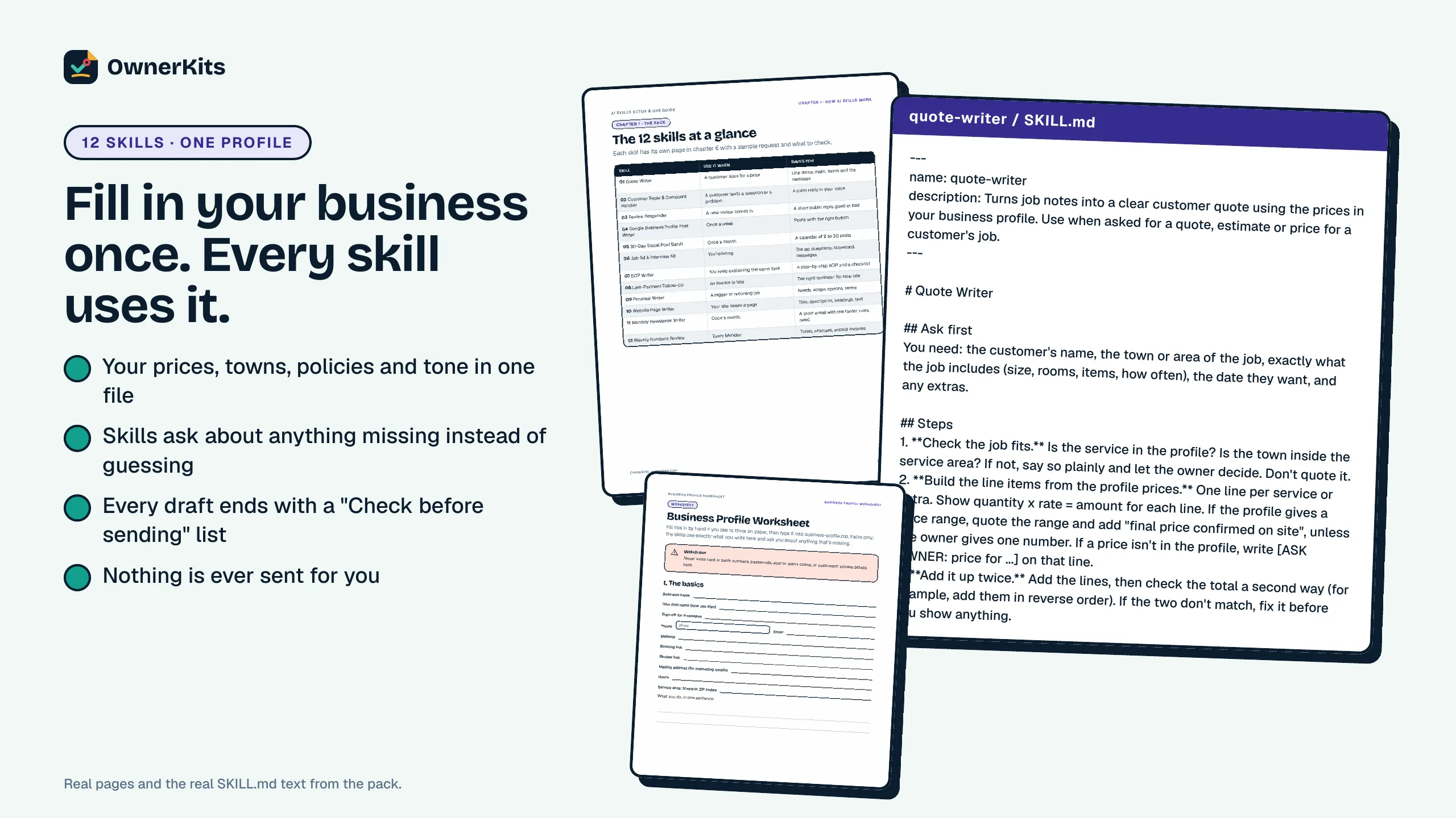 The 12 skills at a glance, the Quote Writer SKILL.md and the Business Profile Worksheet