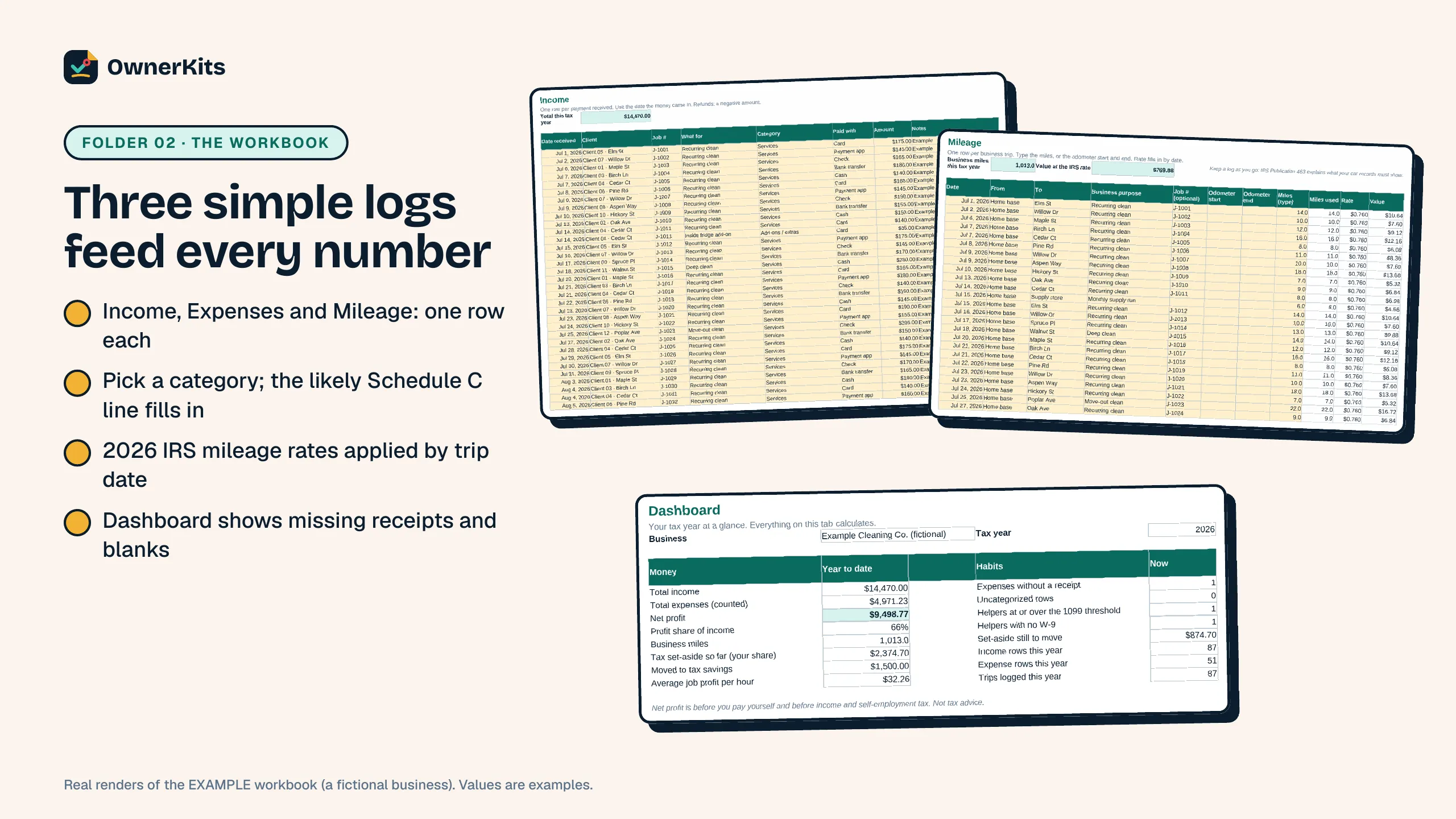 Income, Mileage and Dashboard tabs of the example bookkeeping workbook
