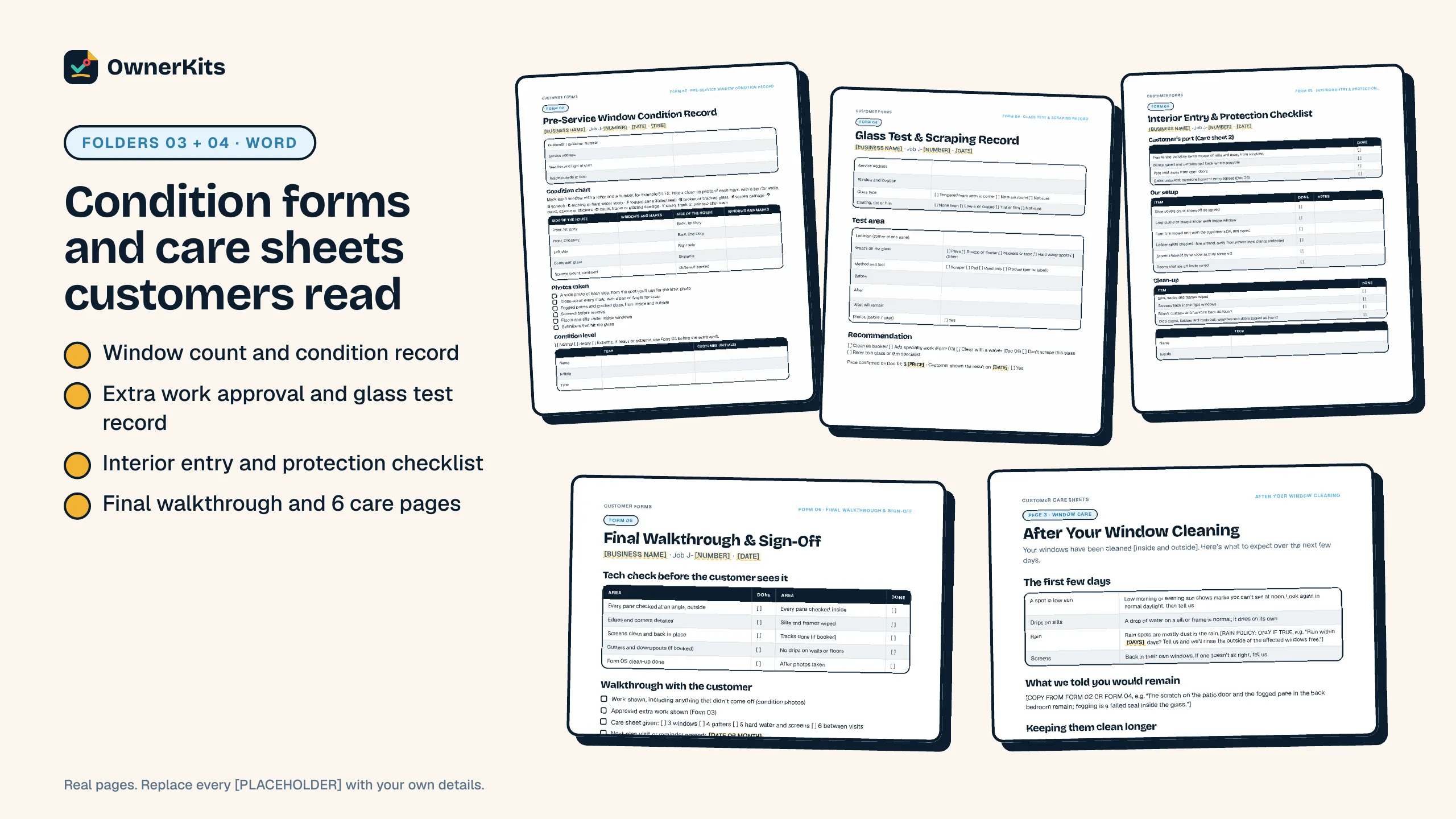 Customer forms and care sheets: window condition record, glass test and scraping record, interior entry checklist, walkthrough and window care