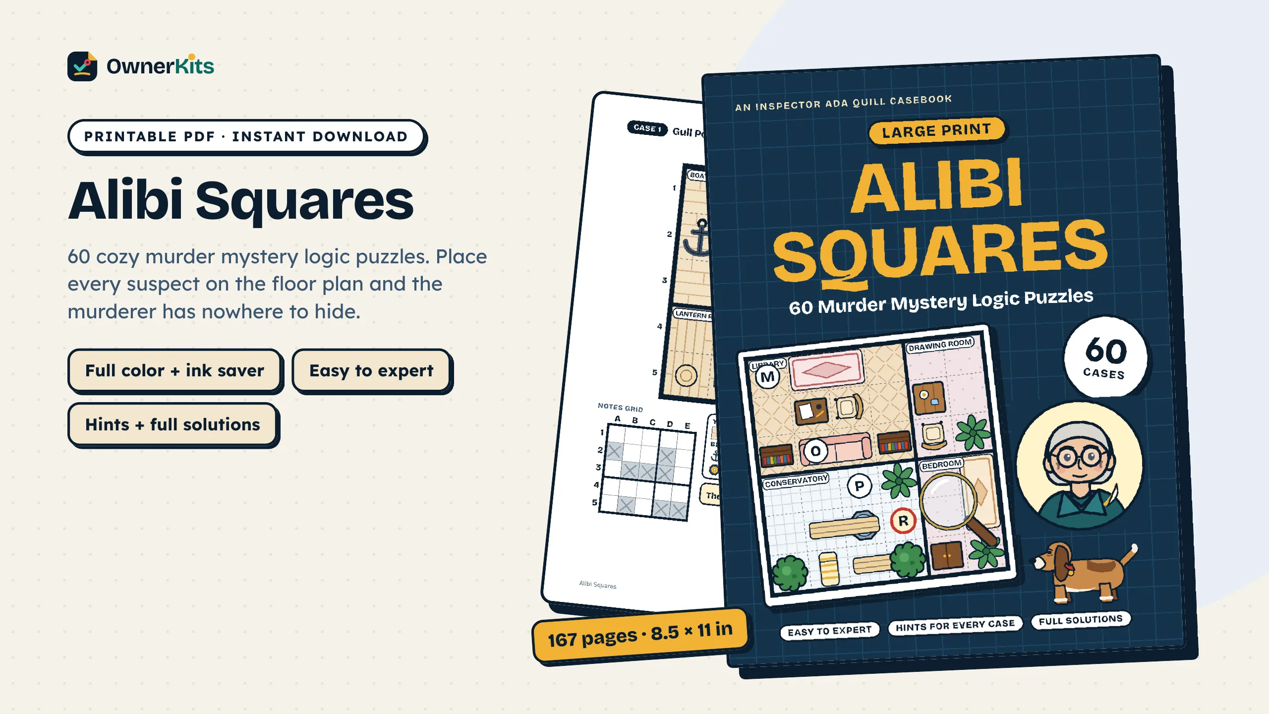 Alibi Squares printable PDF: the book cover and a floor-plan case page