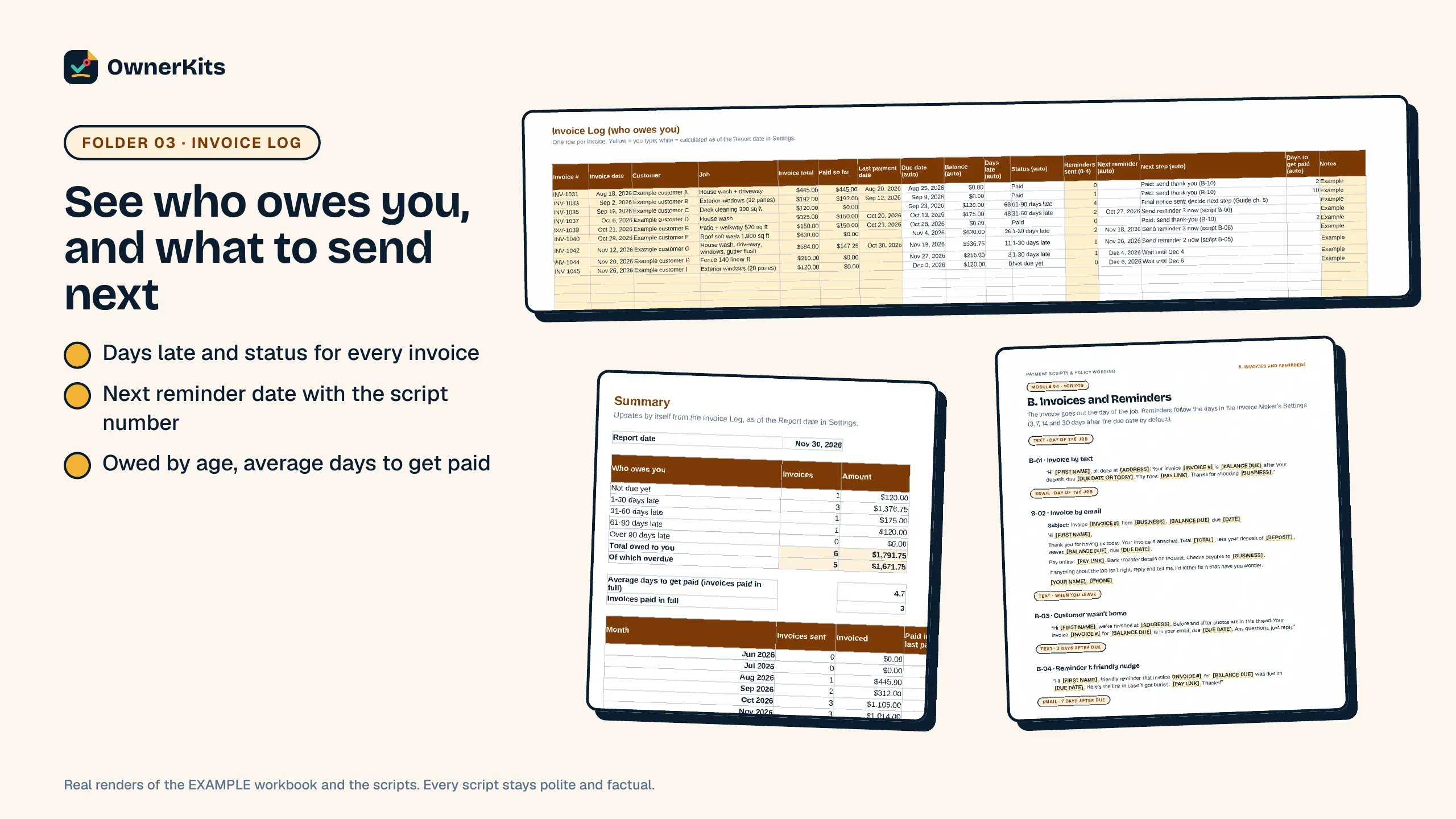 Invoice Log showing days late, status and the next reminder for each invoice, the Summary tab and the payment scripts
