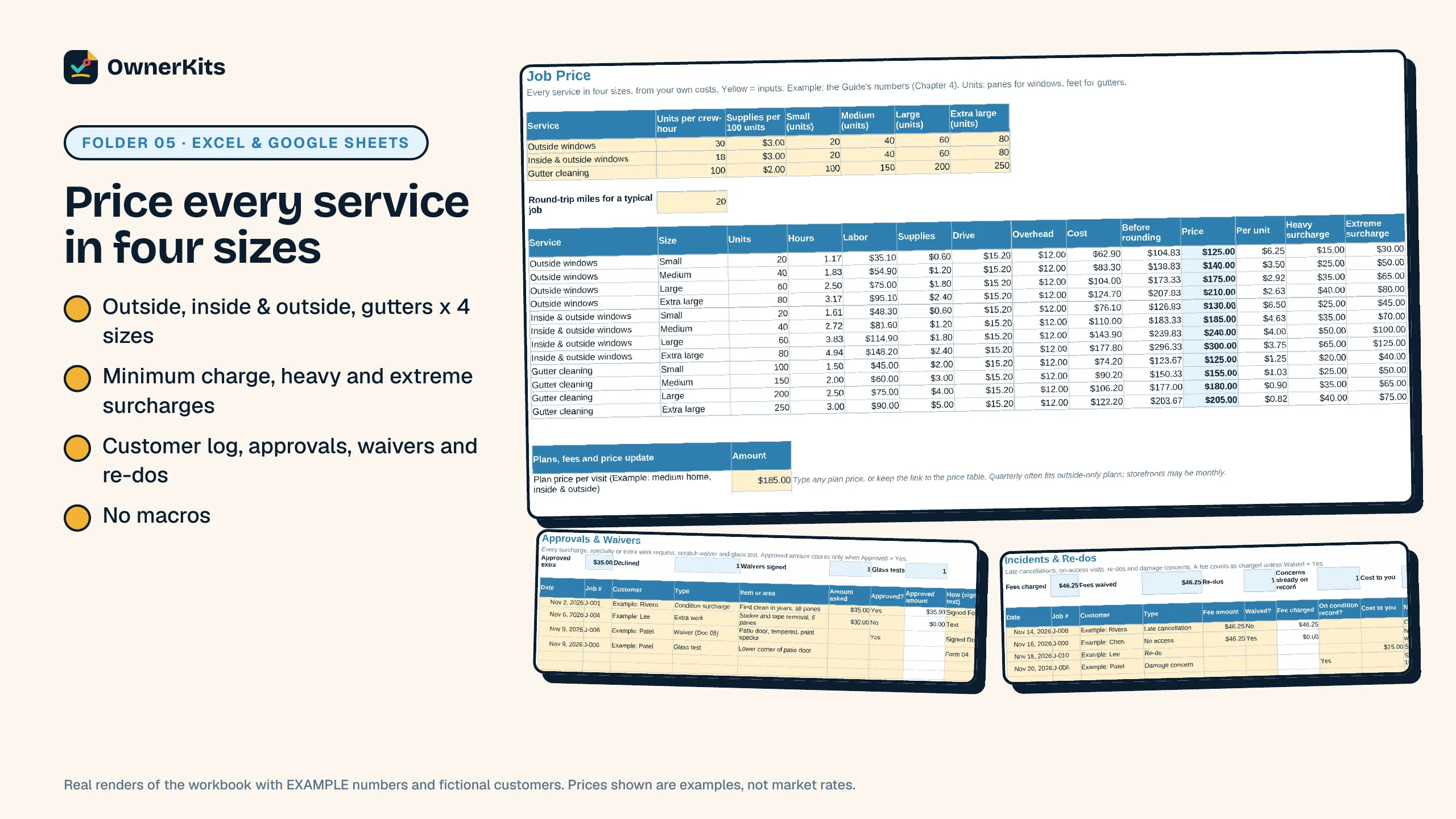 Job Tracker workbook pricing outside windows, inside and outside windows and gutters in 4 sizes with example numbers, plus approvals and incidents logs