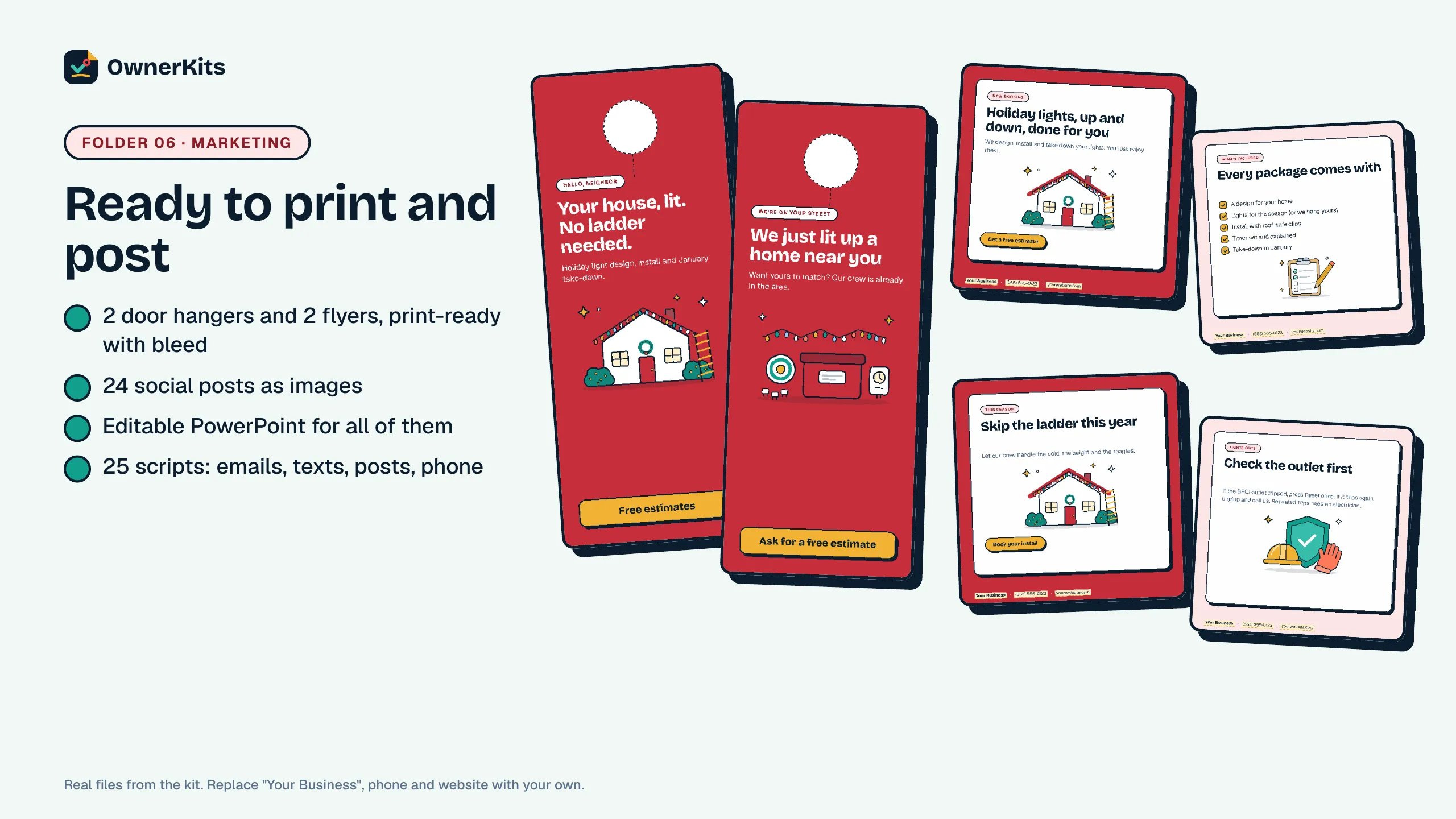 Two door hangers and four social posts for holiday light installation, with placeholder business details