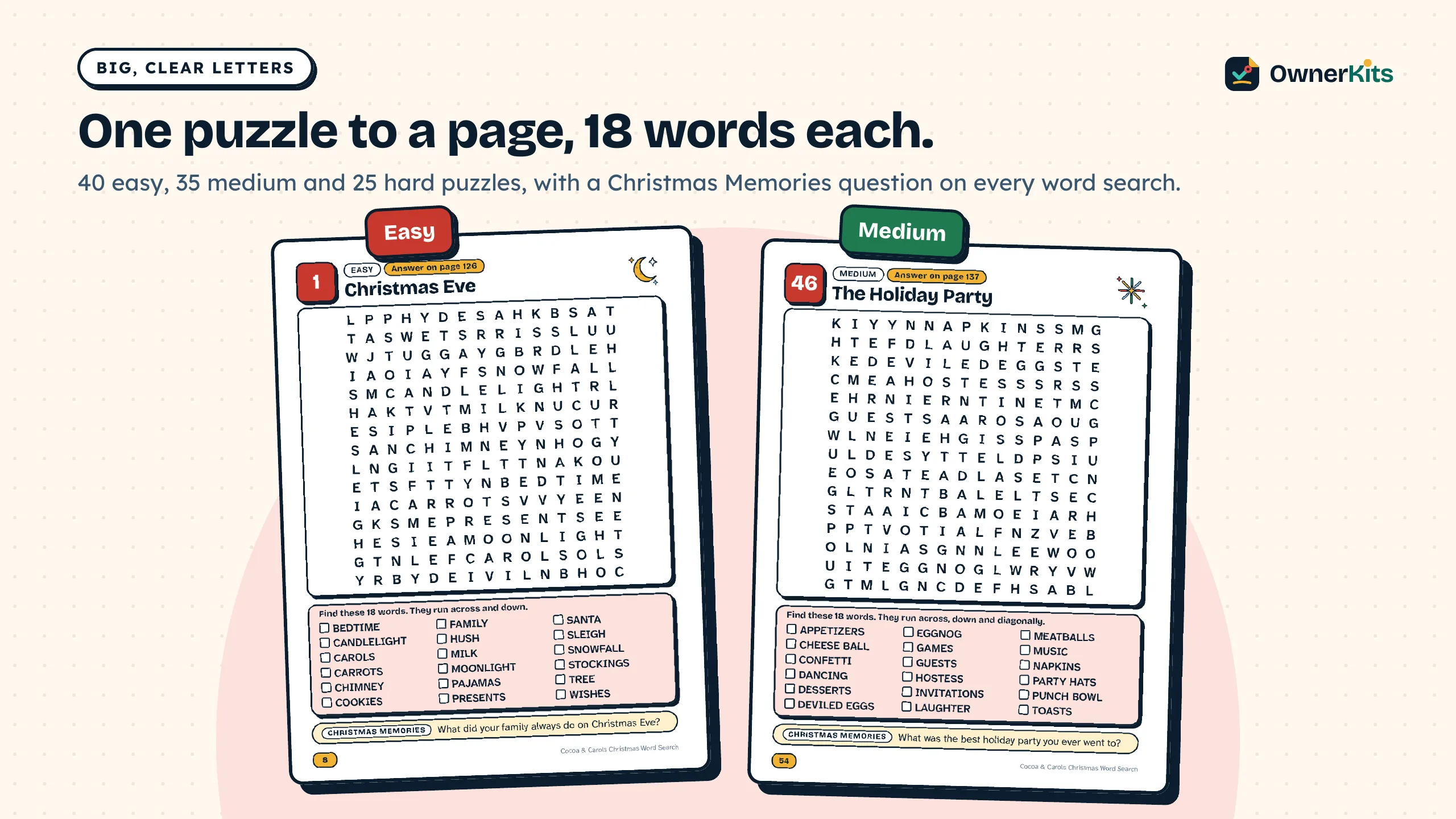 Two word-search pages: an easy puzzle and a medium puzzle with Christmas Memories questions