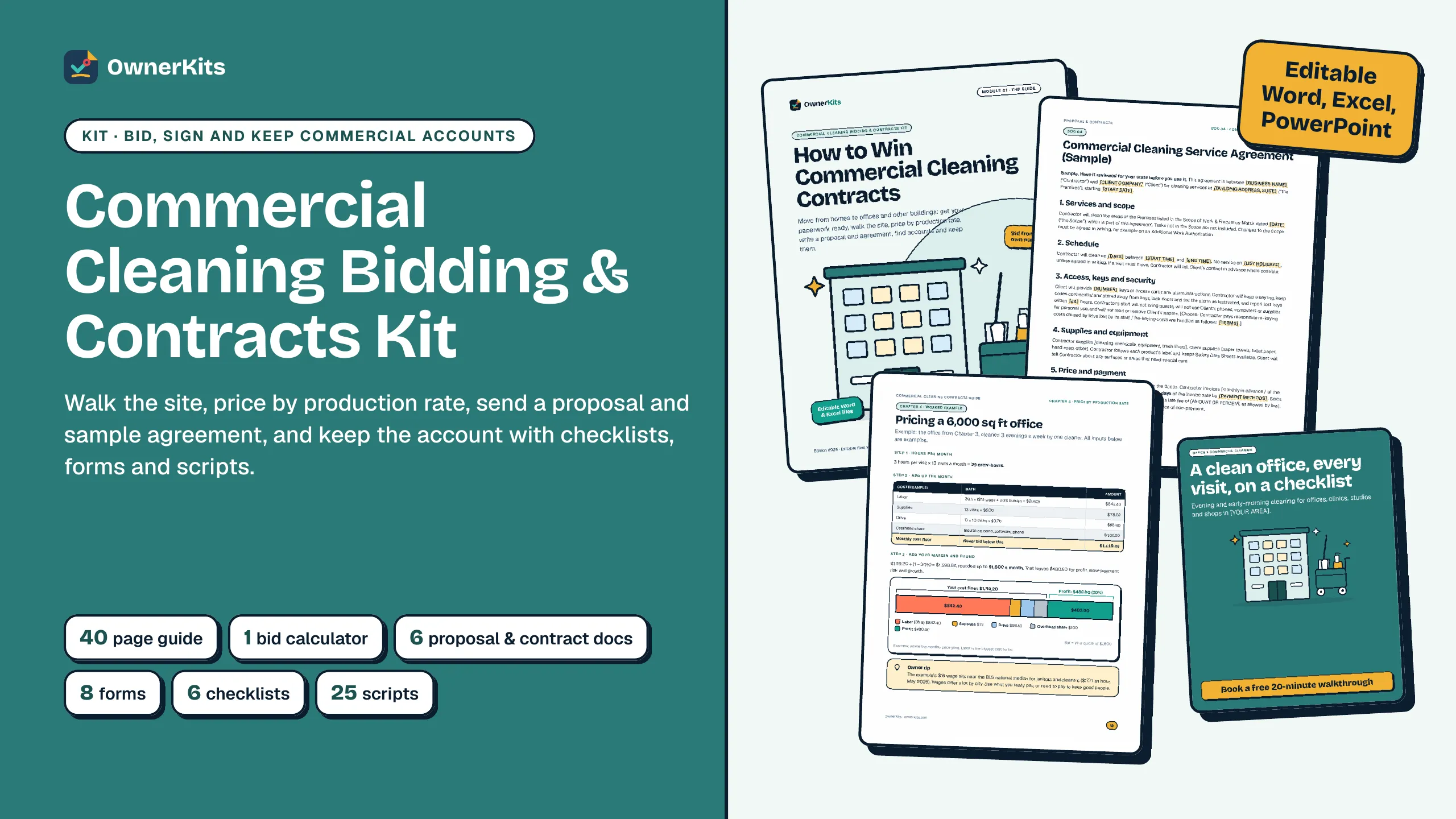 Commercial Cleaning Bidding & Contracts Kit cover: guide, sample service agreement, worked pricing example and leave-behind flyer