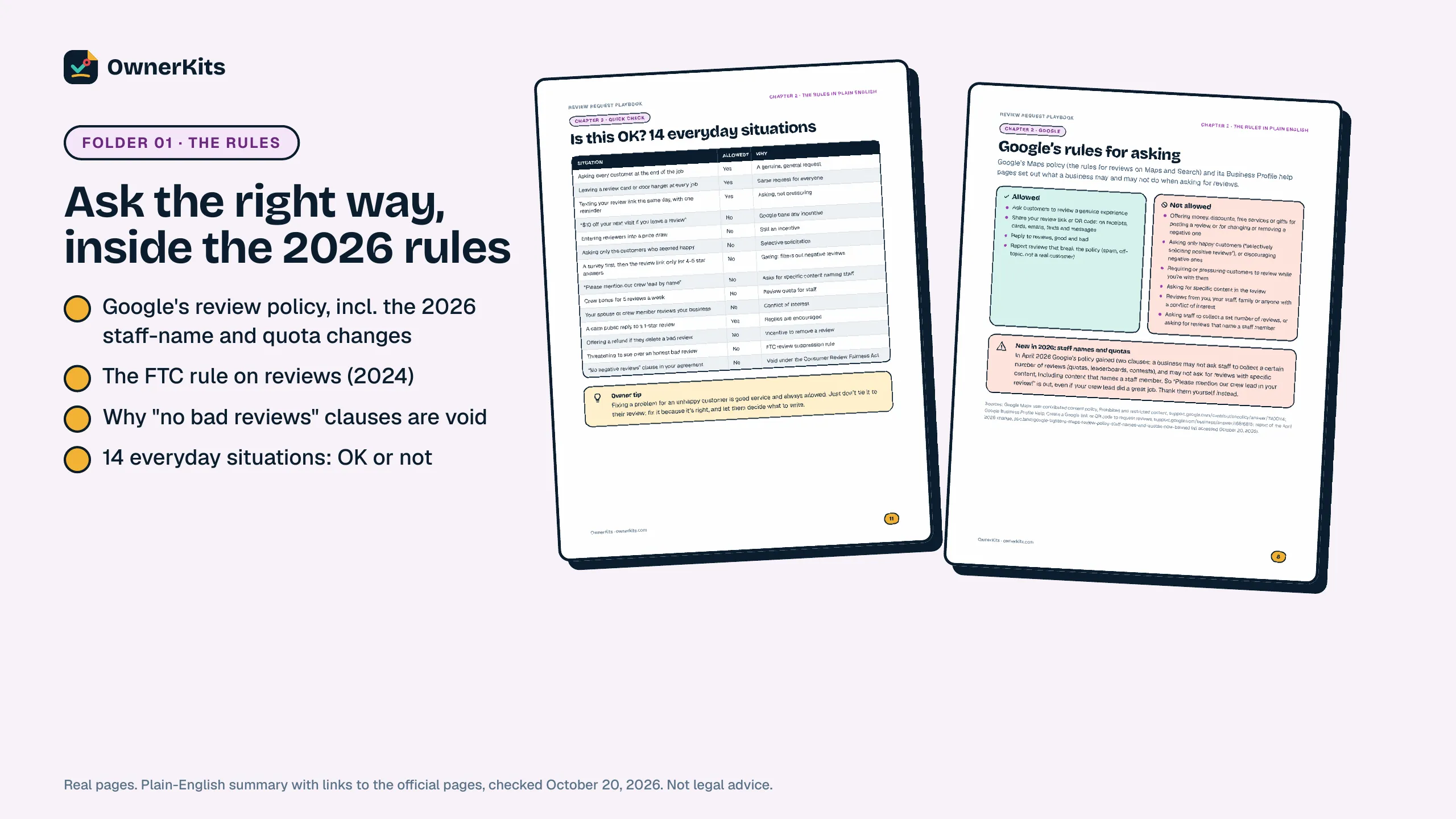Playbook pages on Google's review rules and 14 everyday situations sorted into allowed and not allowed