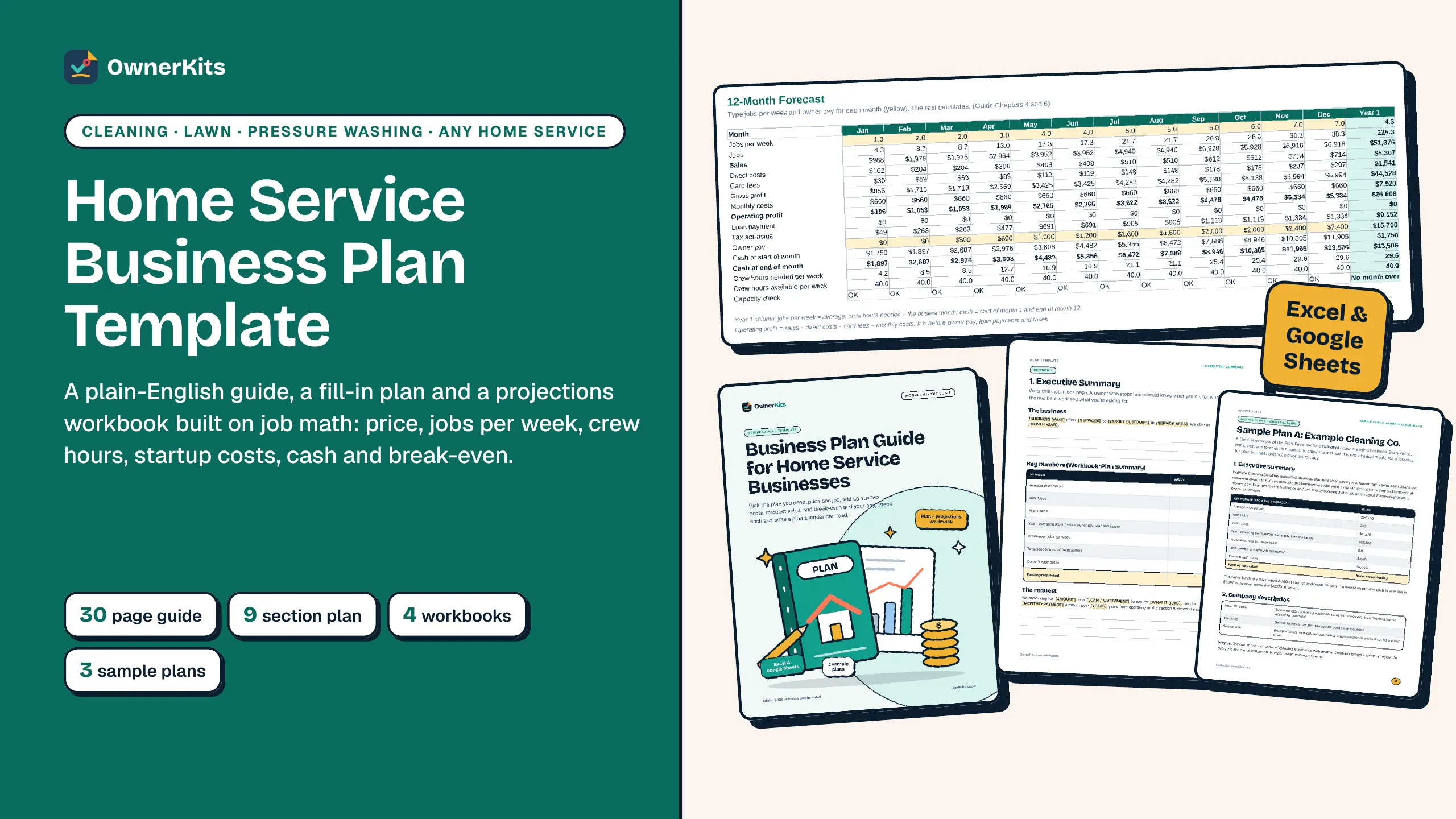 Home Service Business Plan Template cover with the guide, plan template, projections workbook and a sample plan