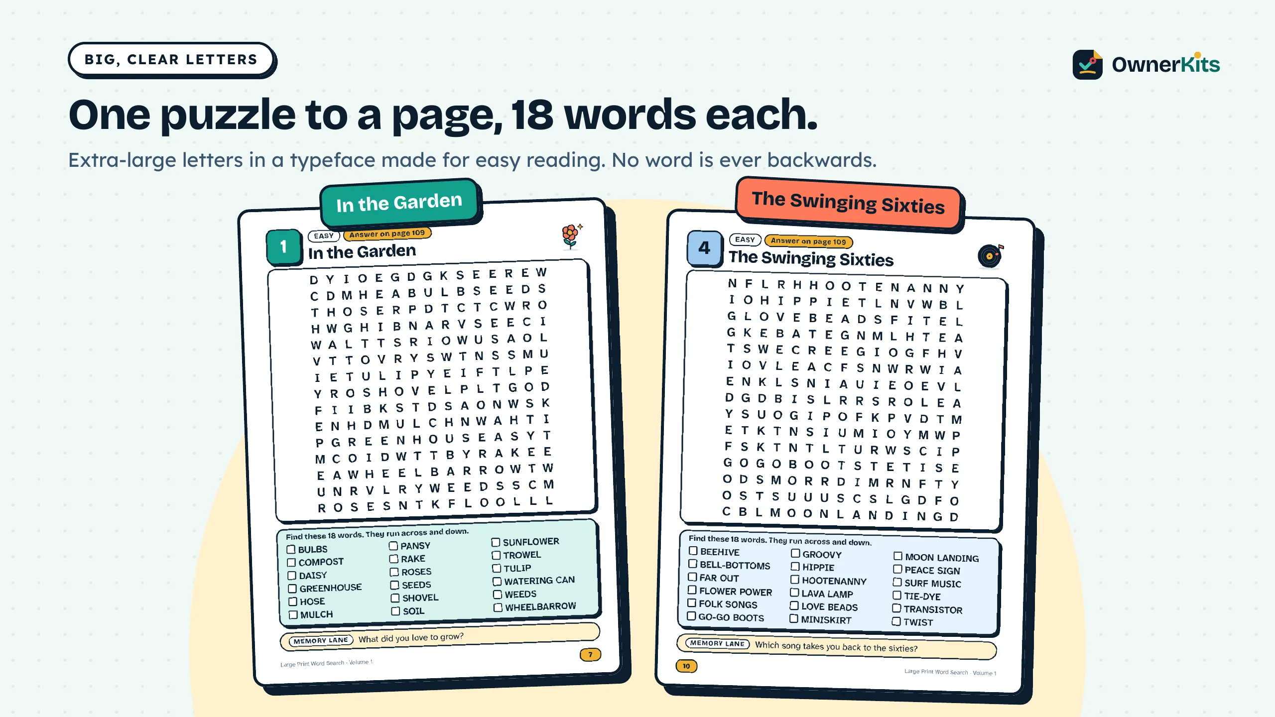Two large-print puzzle pages: In the Garden and The Swinging Sixties