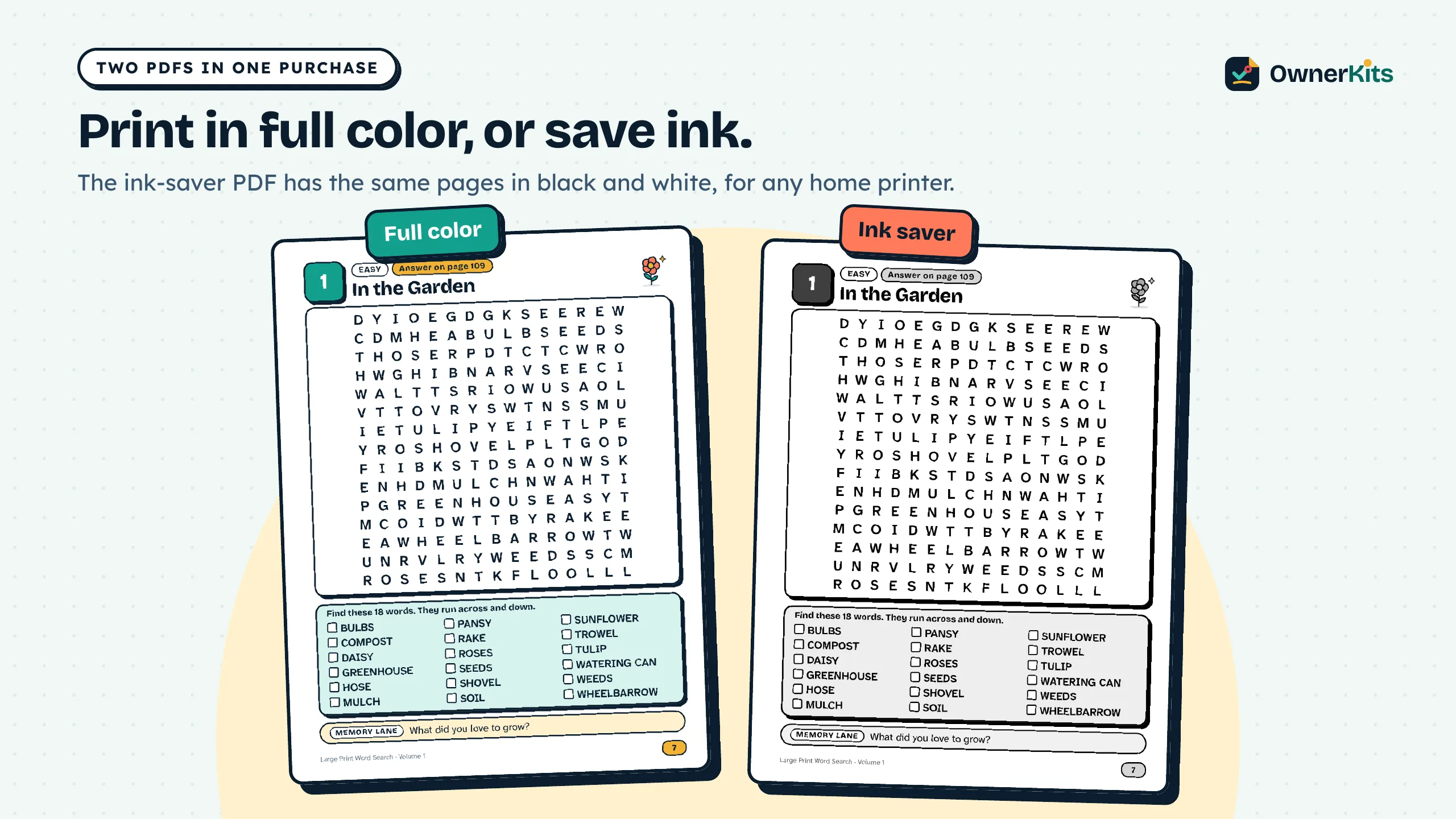 The same puzzle page in full color and in the black-and-white ink saver