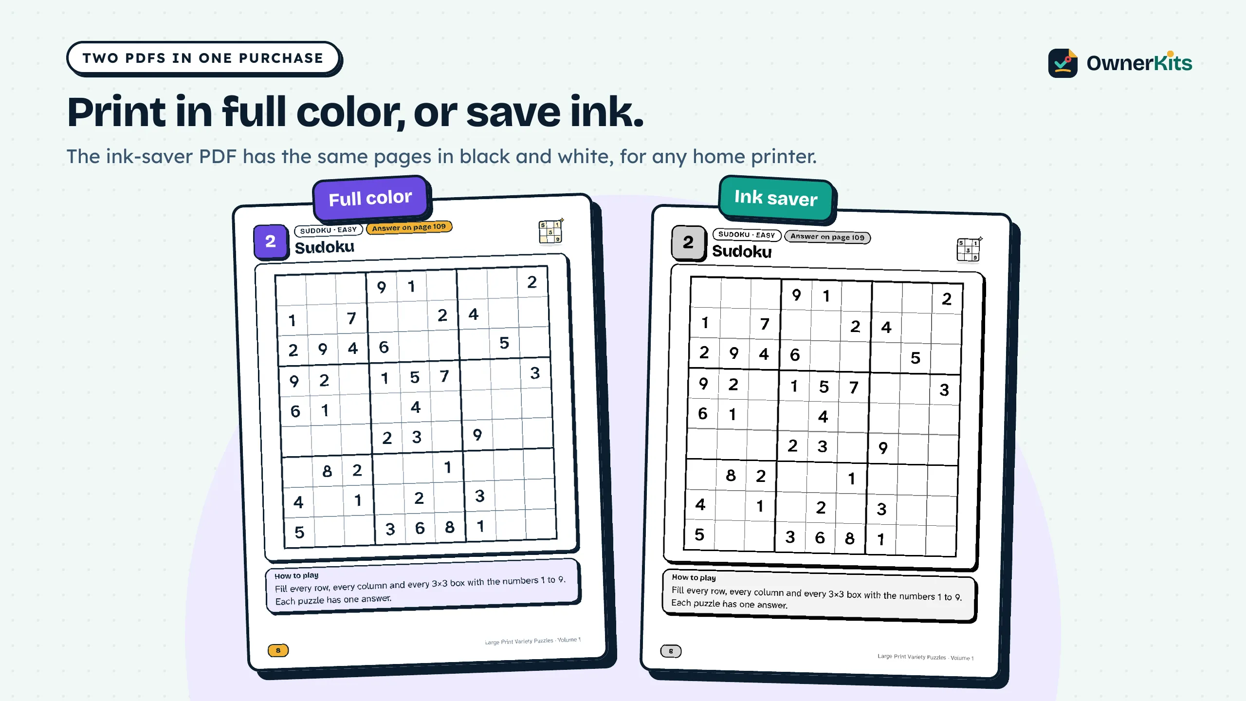 The same sudoku page in full color and in the black-and-white ink saver