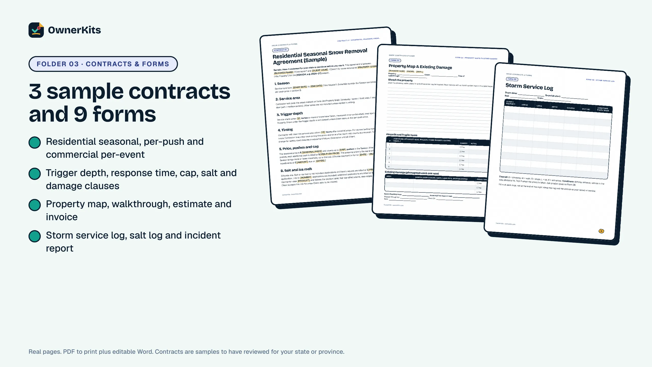 Sample residential seasonal contract, property map and storm service log