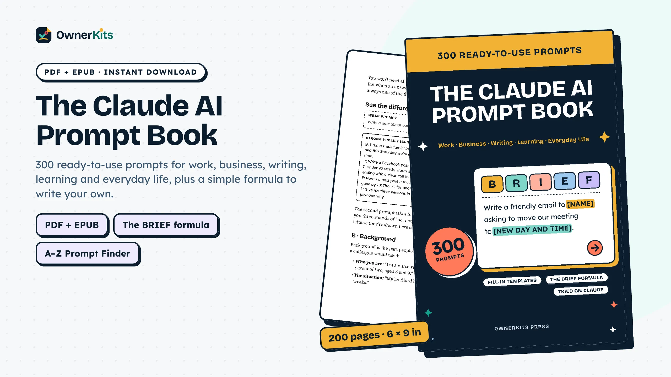 The Claude AI Prompt Book PDF + EPUB: the book cover and a page from the BRIEF formula chapter