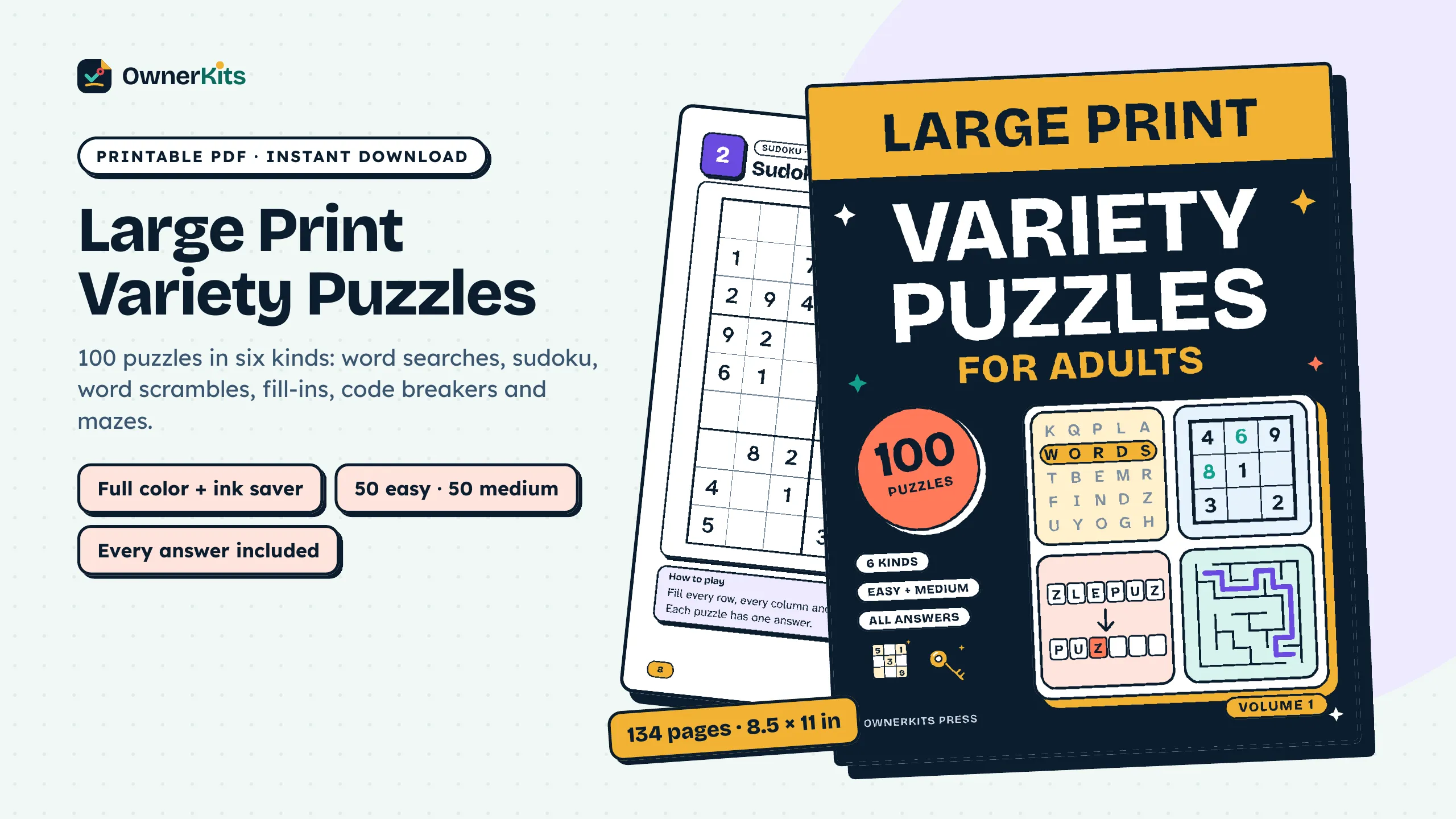 Large Print Variety Puzzles printable PDF: the book cover and a sudoku page