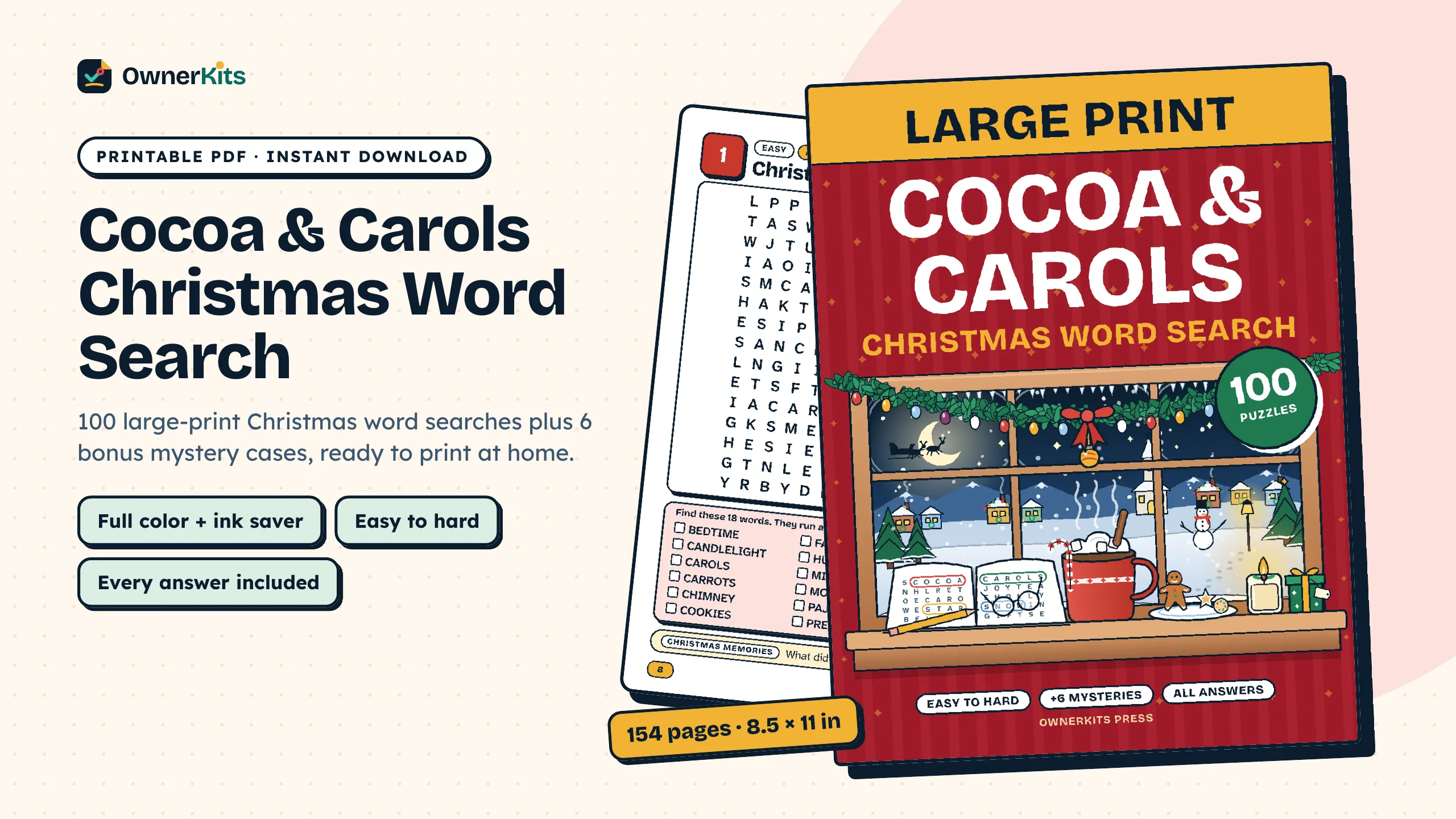 Cocoa & Carols Christmas Word Search printable PDF: the book cover and a large-print puzzle page