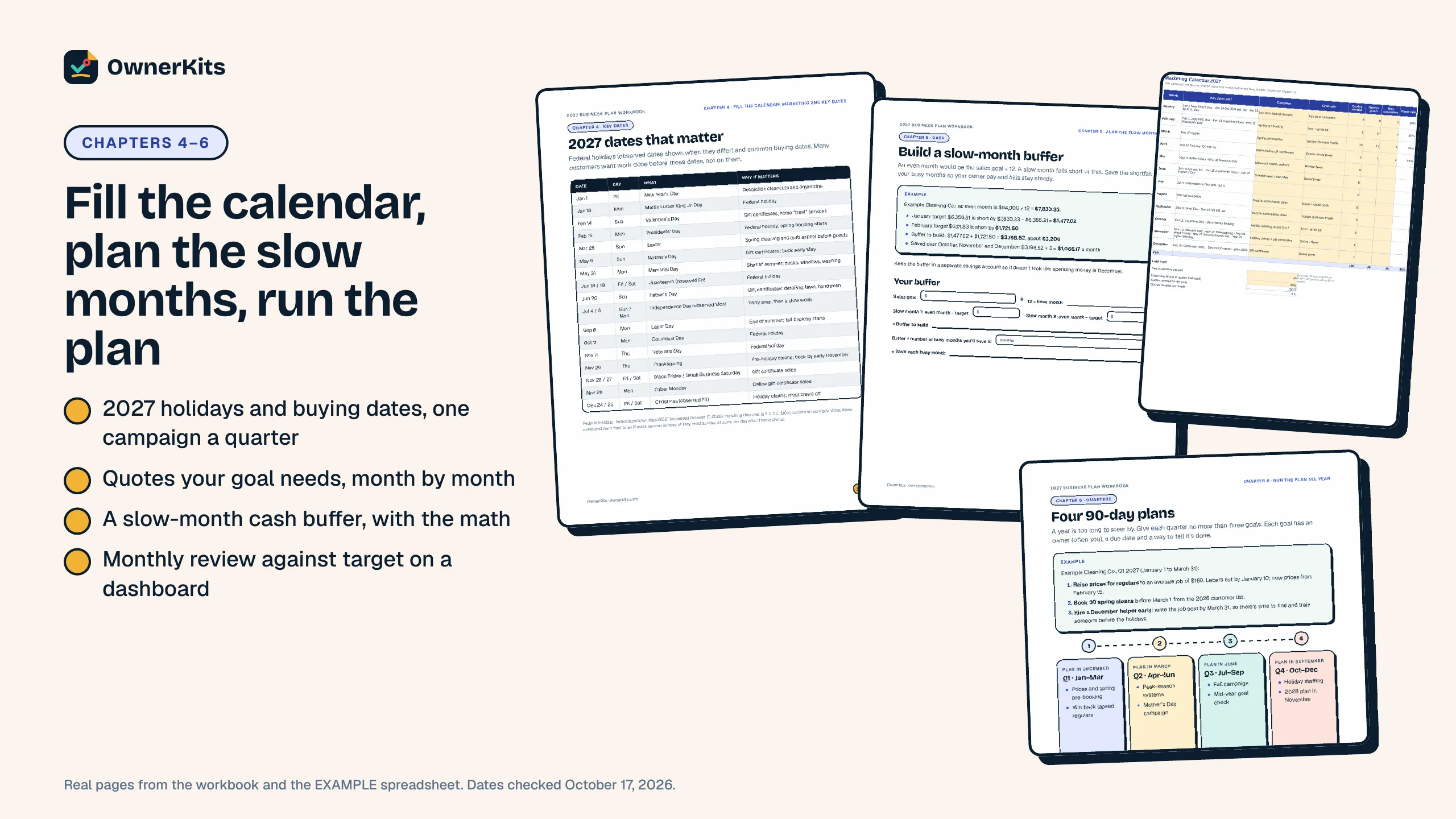 2027 key dates, slow-month buffer, marketing calendar and 90-day plan pages