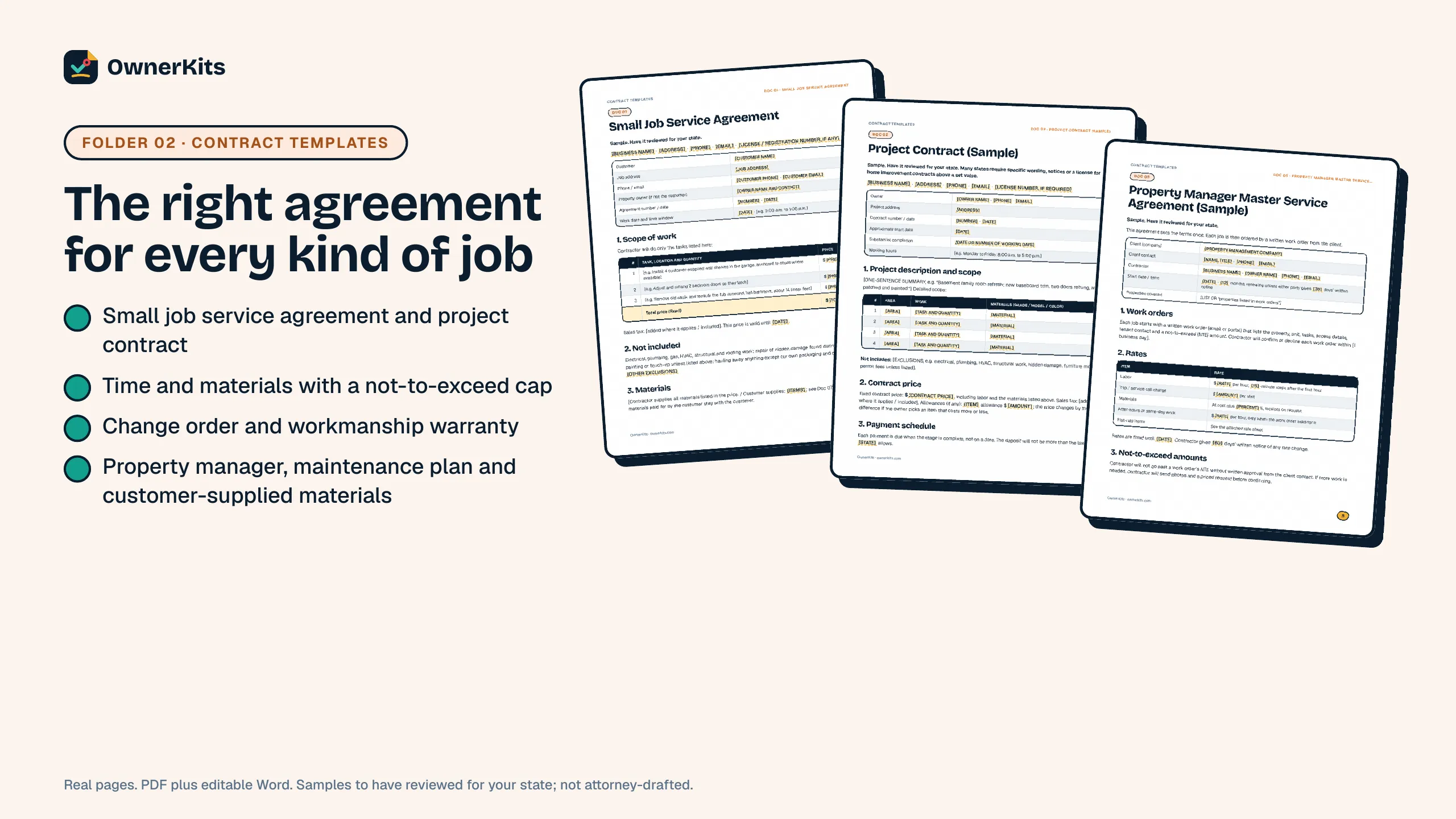 Small job service agreement, project contract and property manager master agreement pages from the pack