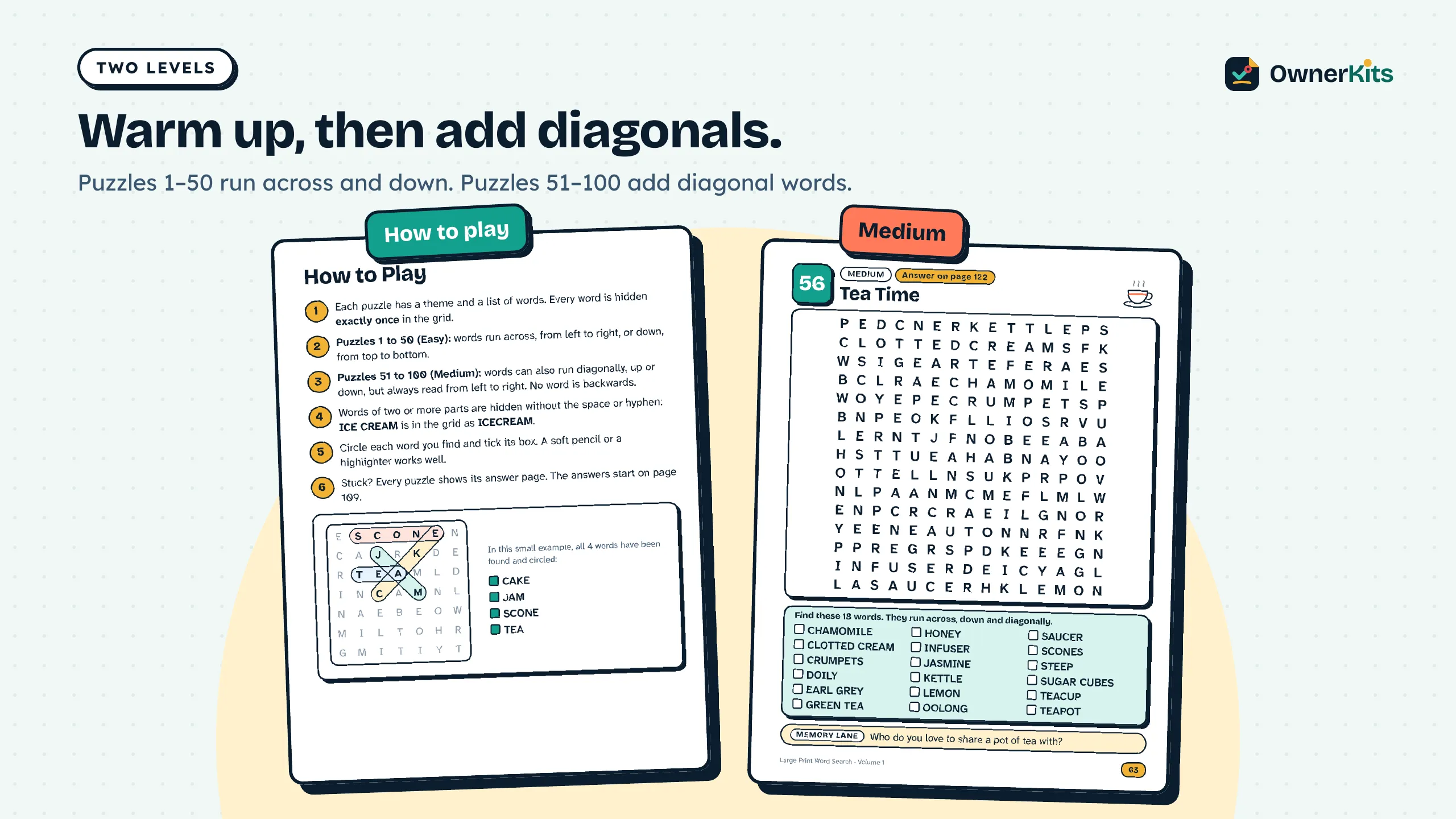 The How to Play page and a medium puzzle with diagonal words