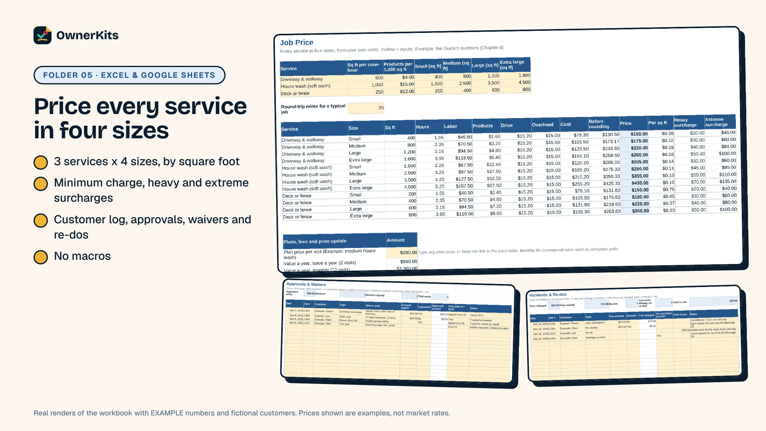 Job Tracker workbook pricing 3 services in 4 sizes by square foot with example numbers, plus approvals and incidents logs