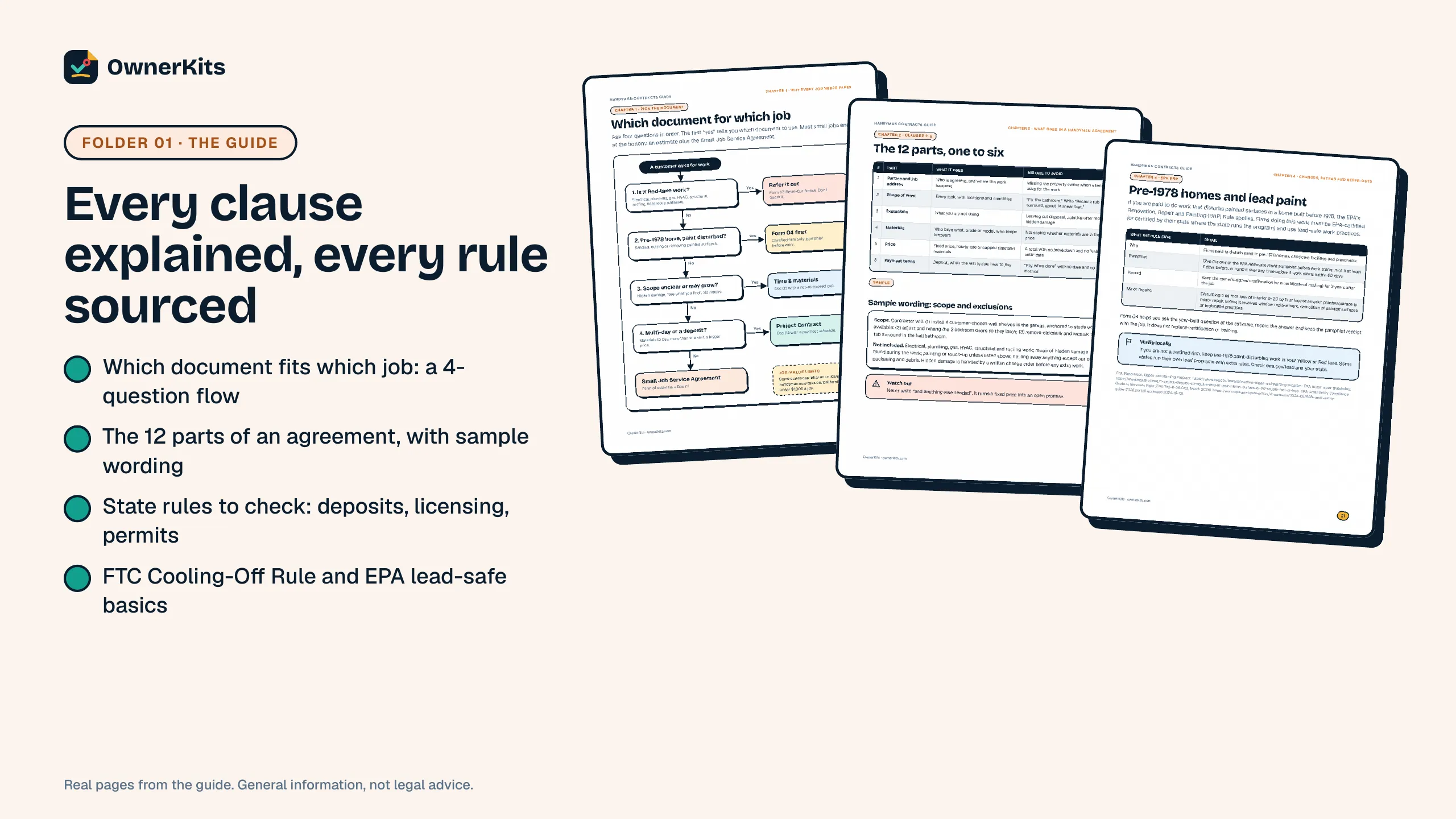 Guide pages: which document for which job, the 12 agreement clauses and pre-1978 lead-safe rules