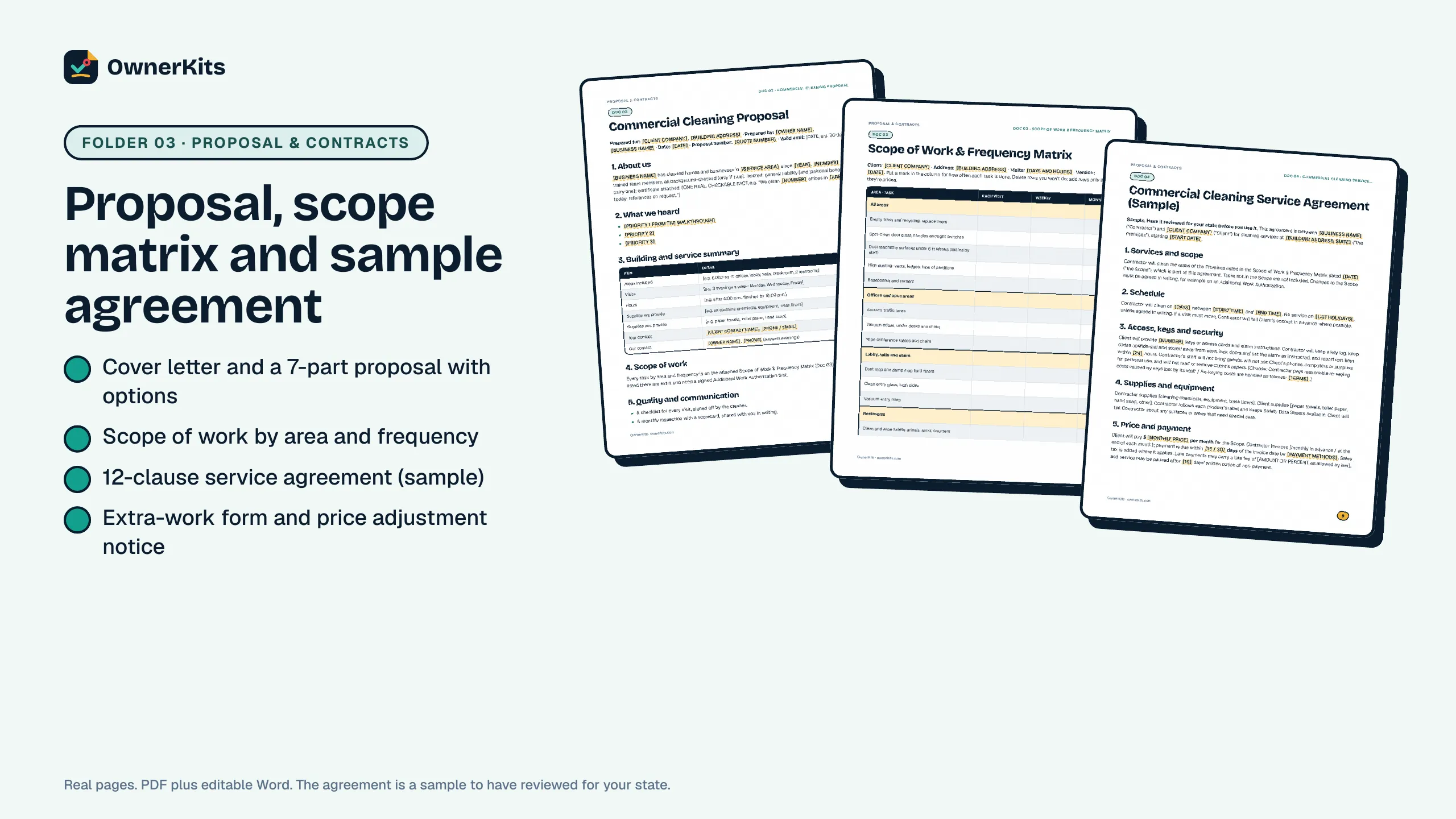 Proposal, scope of work and frequency matrix, and sample commercial cleaning service agreement pages