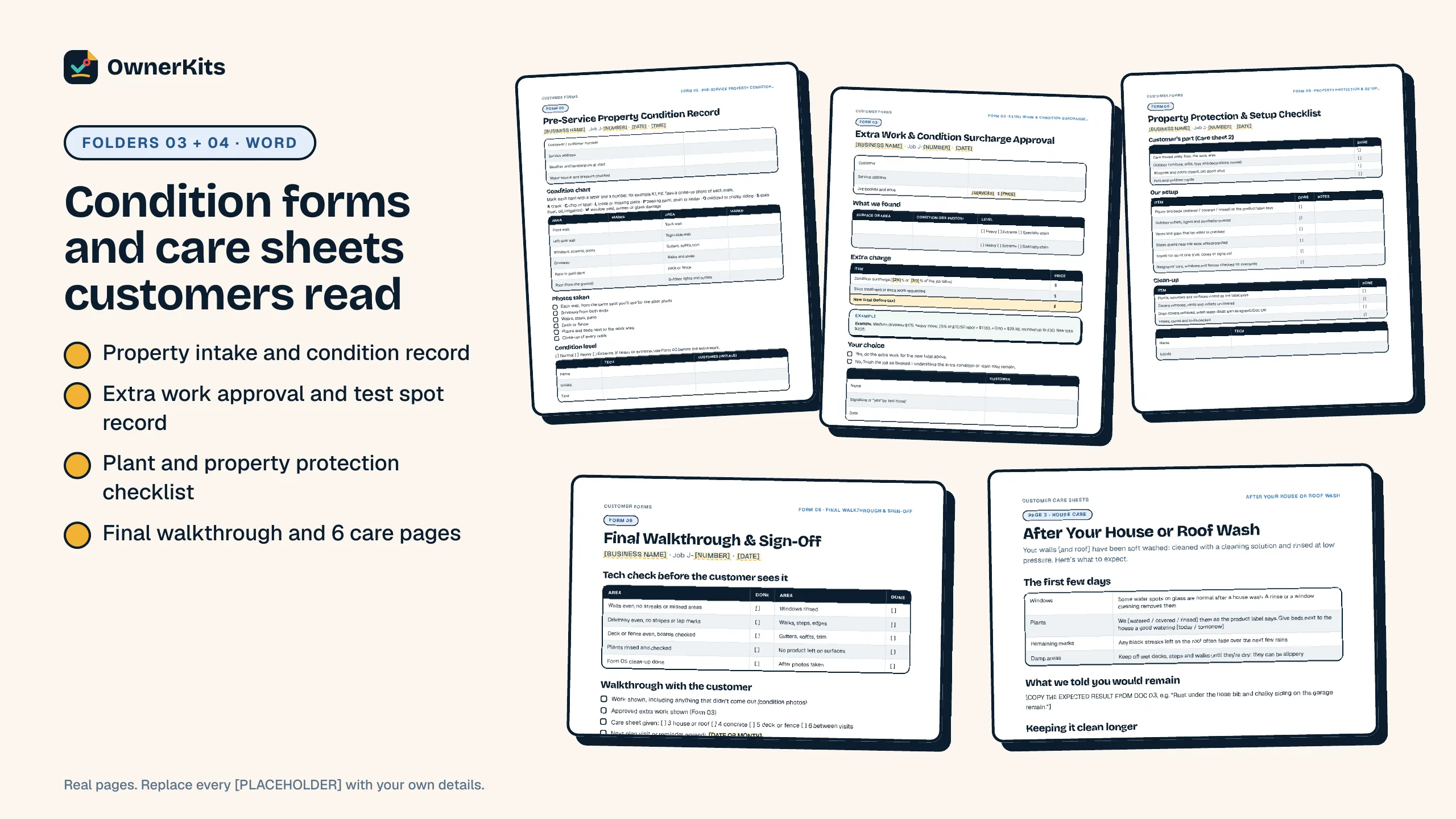 Customer forms and care sheets: condition record, extra work approval, property protection checklist, walkthrough and house wash care