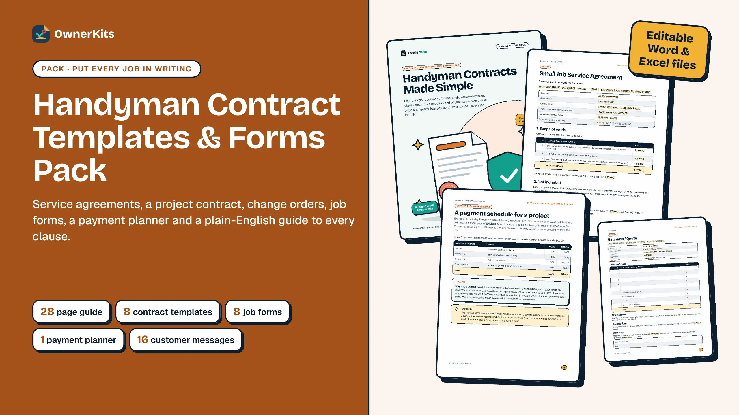 Handyman Contract Templates & Forms Pack cover with real pages from the guide, contract templates and forms