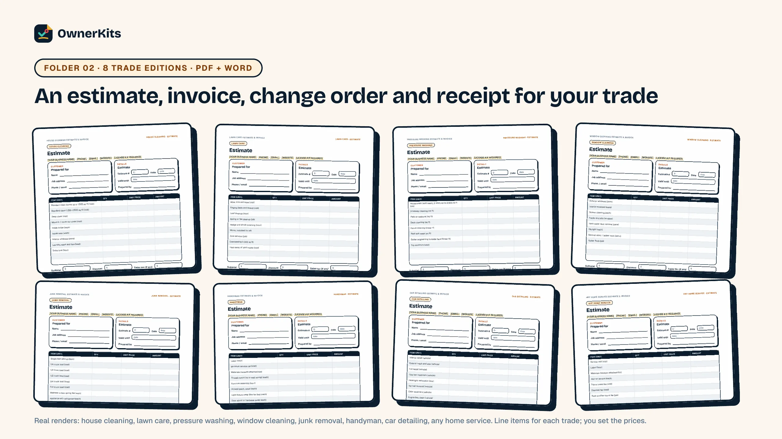 All 8 estimate templates: house cleaning, lawn care, pressure washing, window cleaning, junk removal, handyman, car detailing and any home service