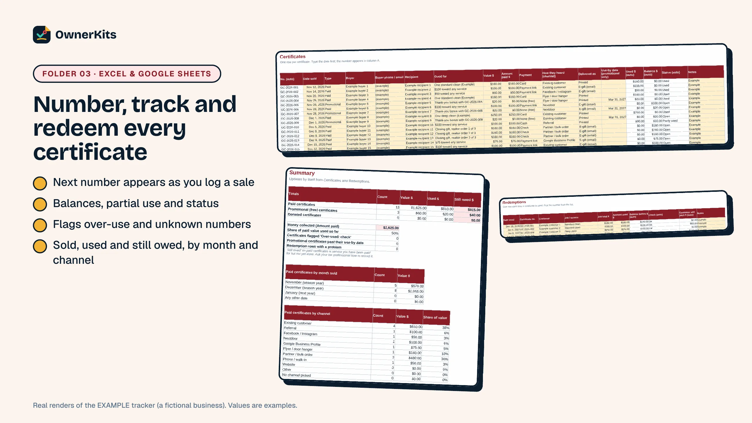 Gift Certificate Tracker example: certificates log, redemptions and summary of sold, used and still owed