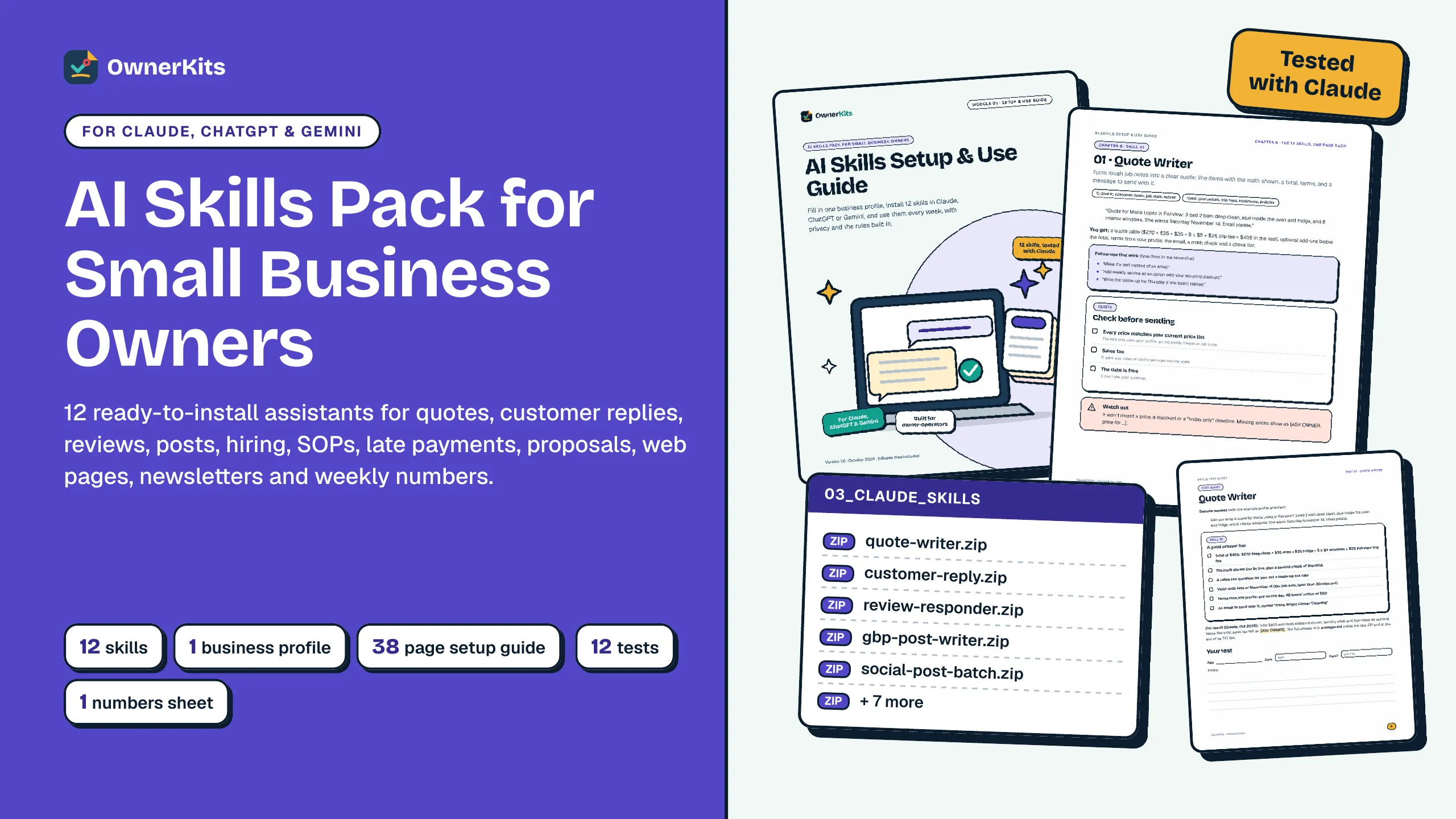 AI Skills Pack for Small Business Owners cover: setup guide, Quote Writer page, the 12 Claude skill ZIPs and a test sheet page