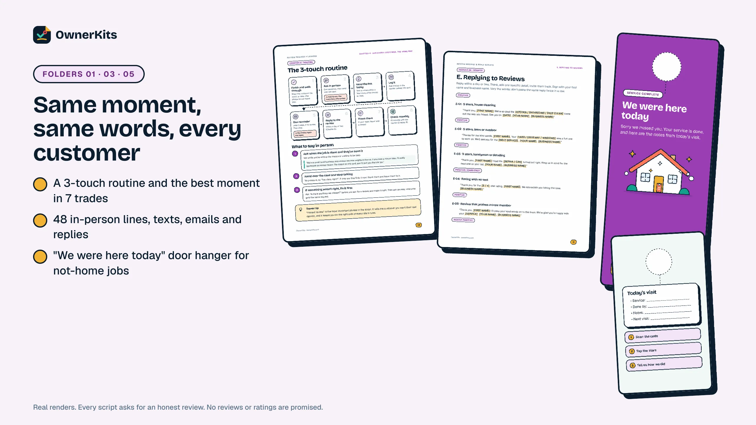 The 3-touch review request routine, review reply scripts and the We were here today door hanger