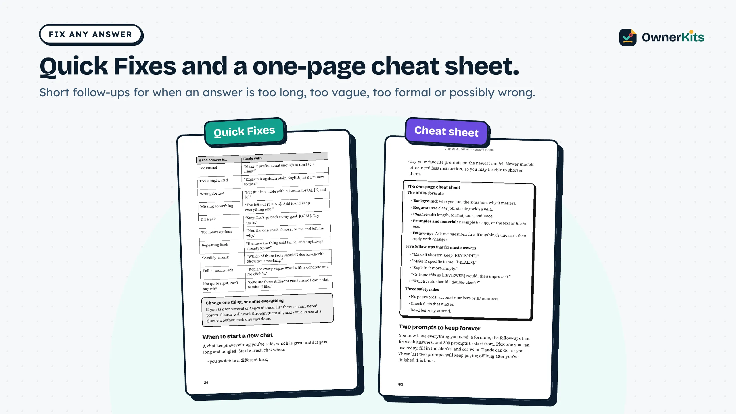 The Quick Fixes table and the one-page cheat sheet