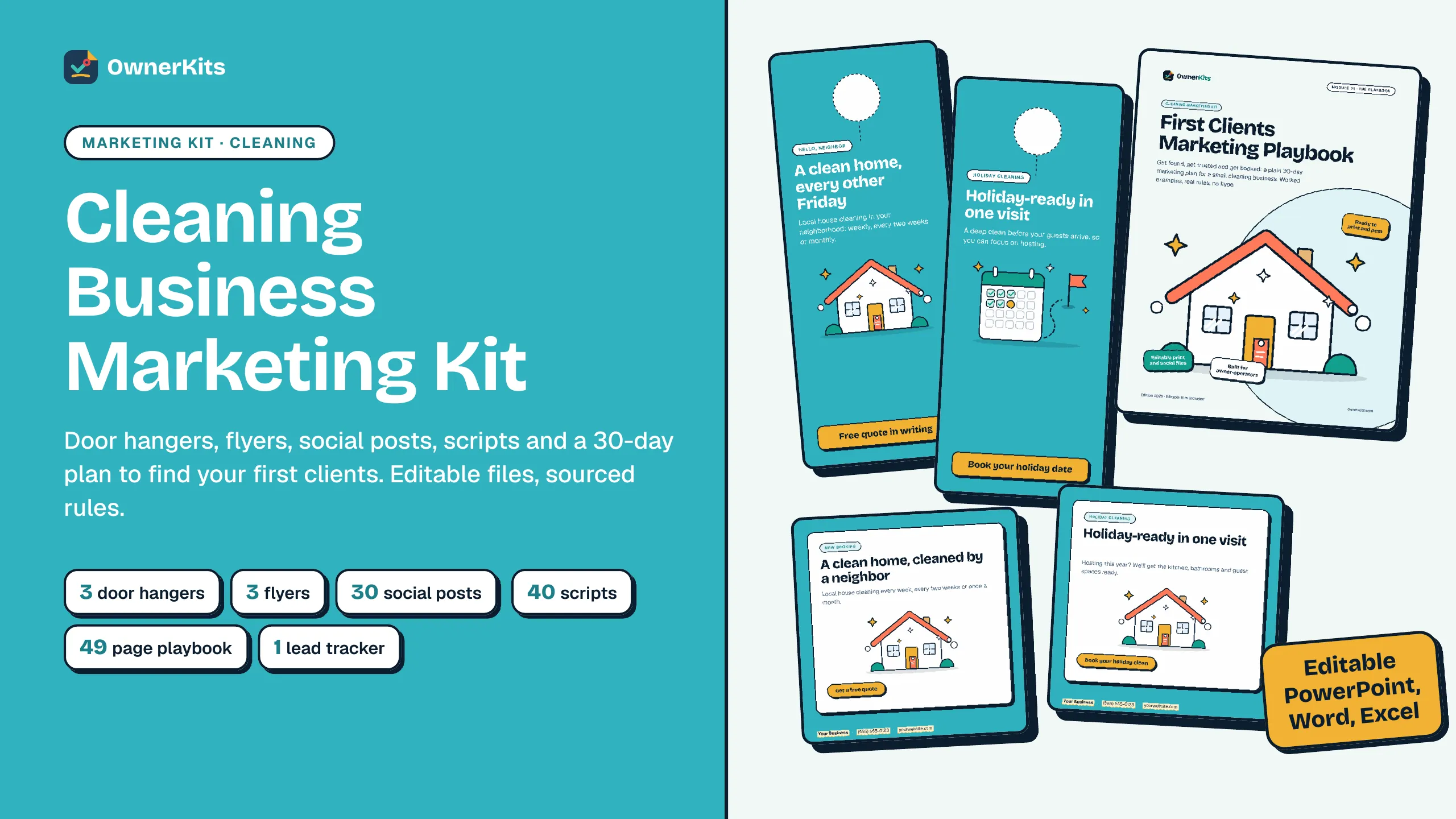 Cleaning Business Marketing Kit cover with door hangers, the Playbook cover and two social posts
