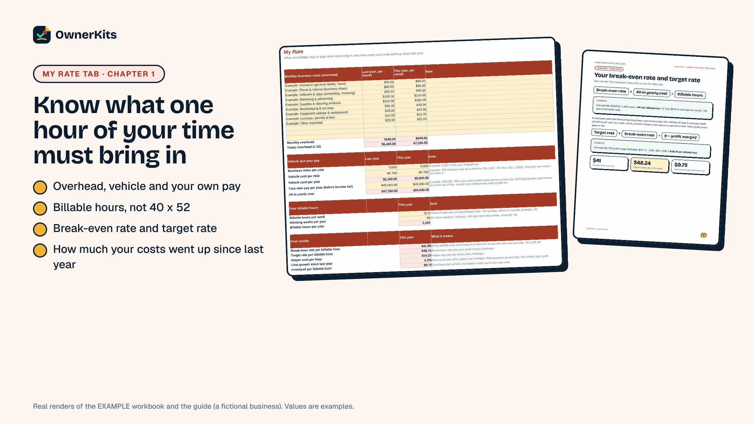 My Rate tab and guide page: break-even and target rate per billable hour