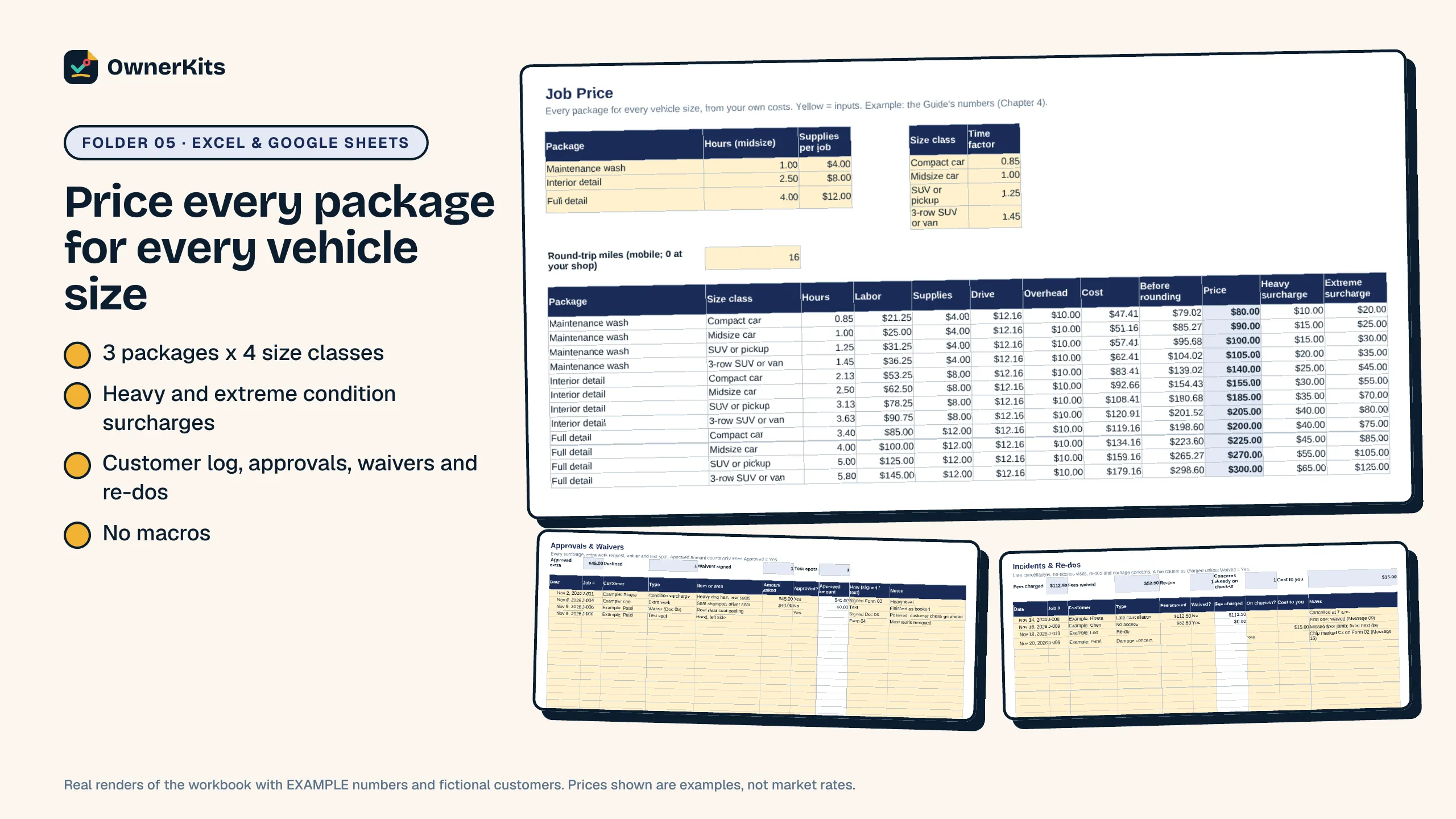 Job Tracker workbook pricing 3 packages for 4 vehicle sizes with example numbers, plus approvals and incidents logs