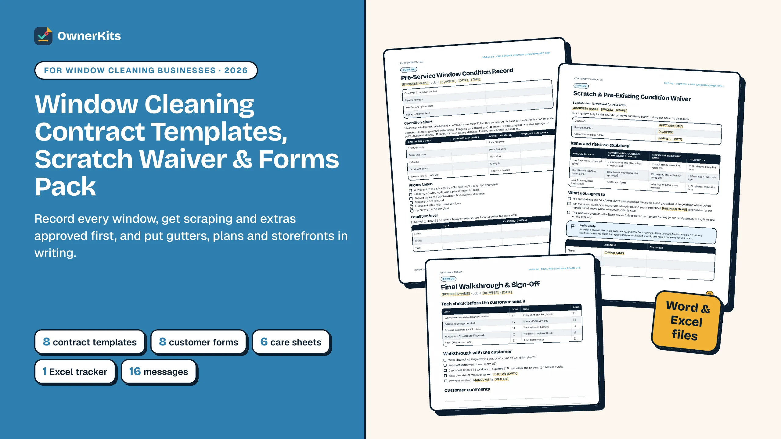 Window Cleaning Contract Templates, Scratch Waiver & Forms cover showing the window condition record, scratch waiver and final walkthrough pages