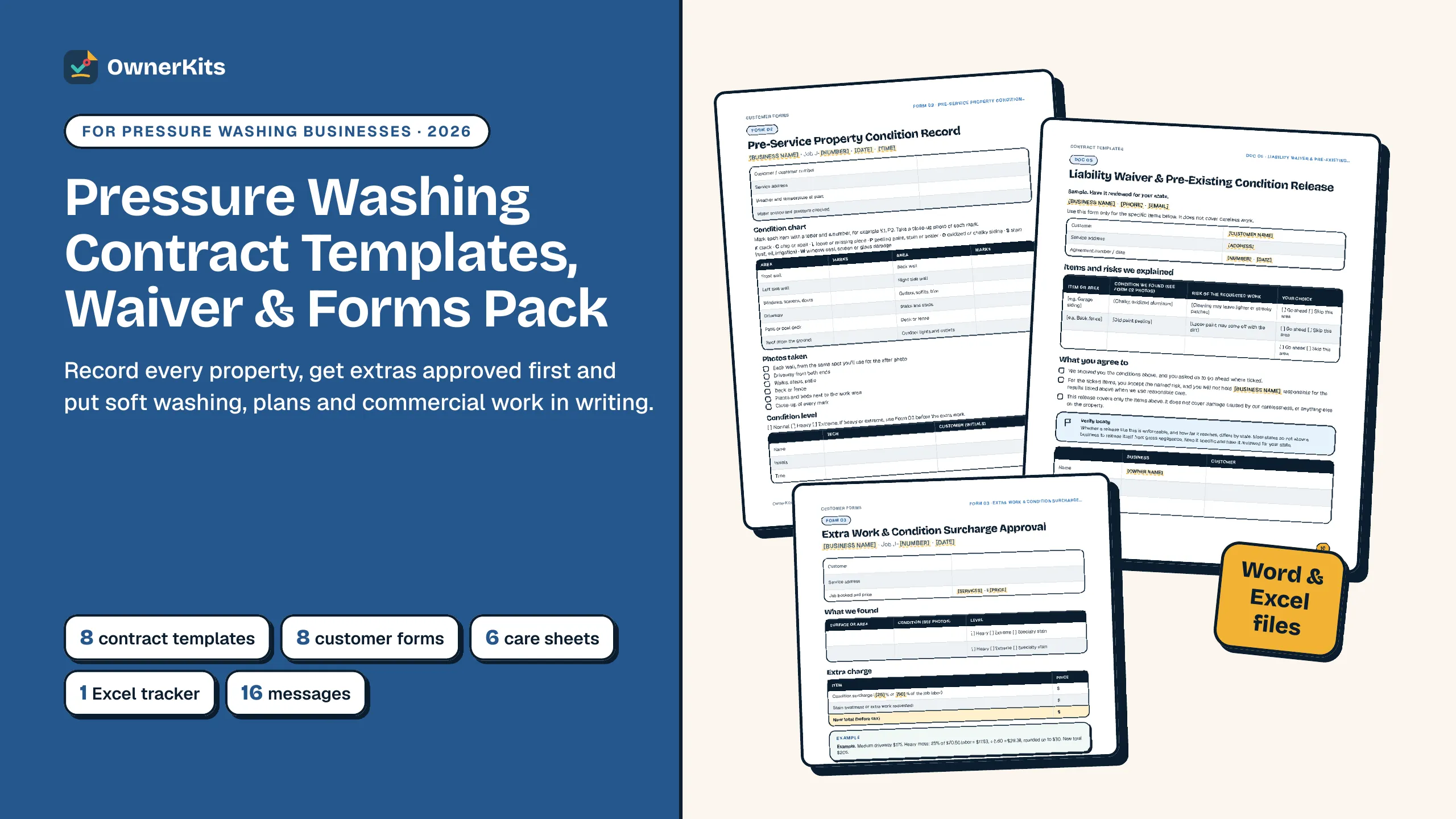 Pressure Washing Contract Templates, Waiver & Forms Pack cover showing the property condition record, liability waiver and extra work approval pages