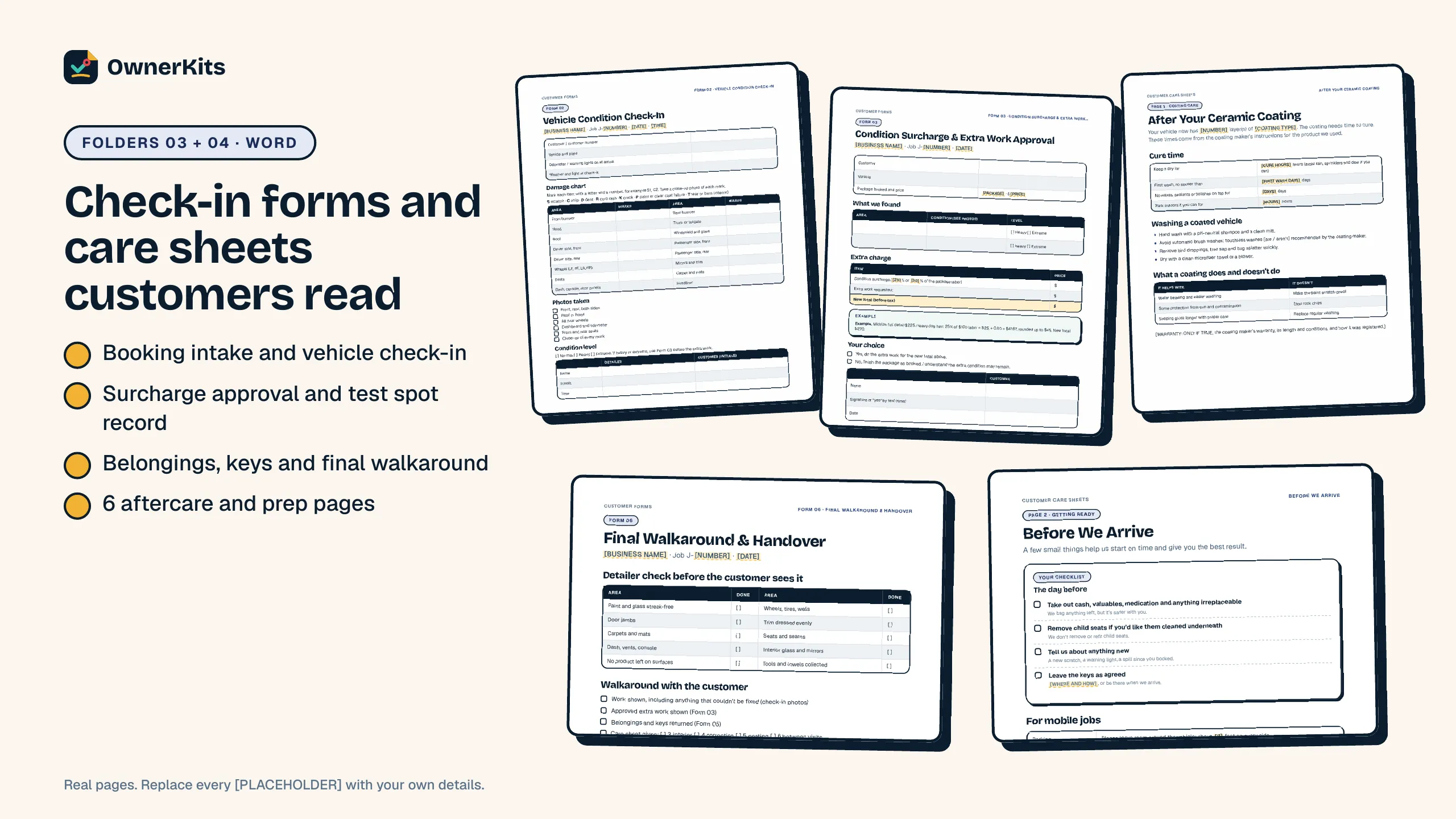 Customer forms and care sheets: vehicle check-in, surcharge approval, final walkaround, coating aftercare and prep