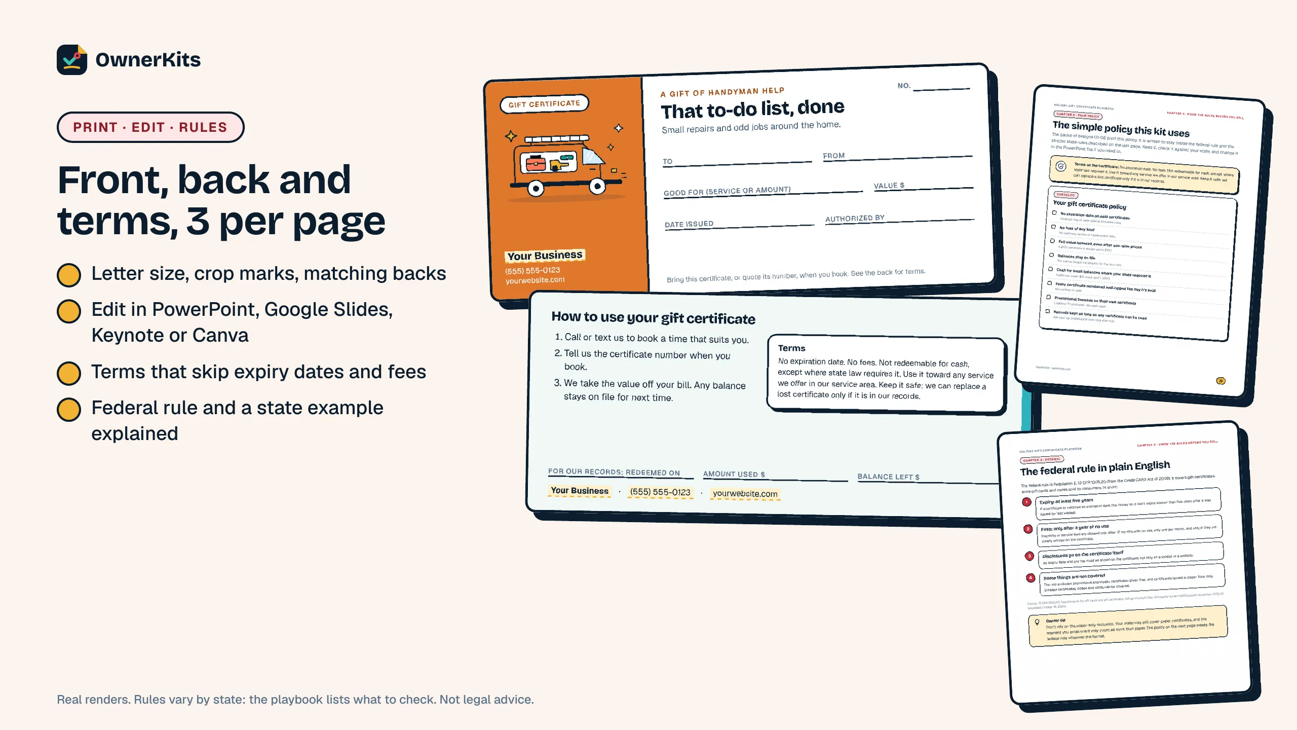 Handyman gift certificate front and back with terms, and playbook pages on the federal rule and the gift certificate policy