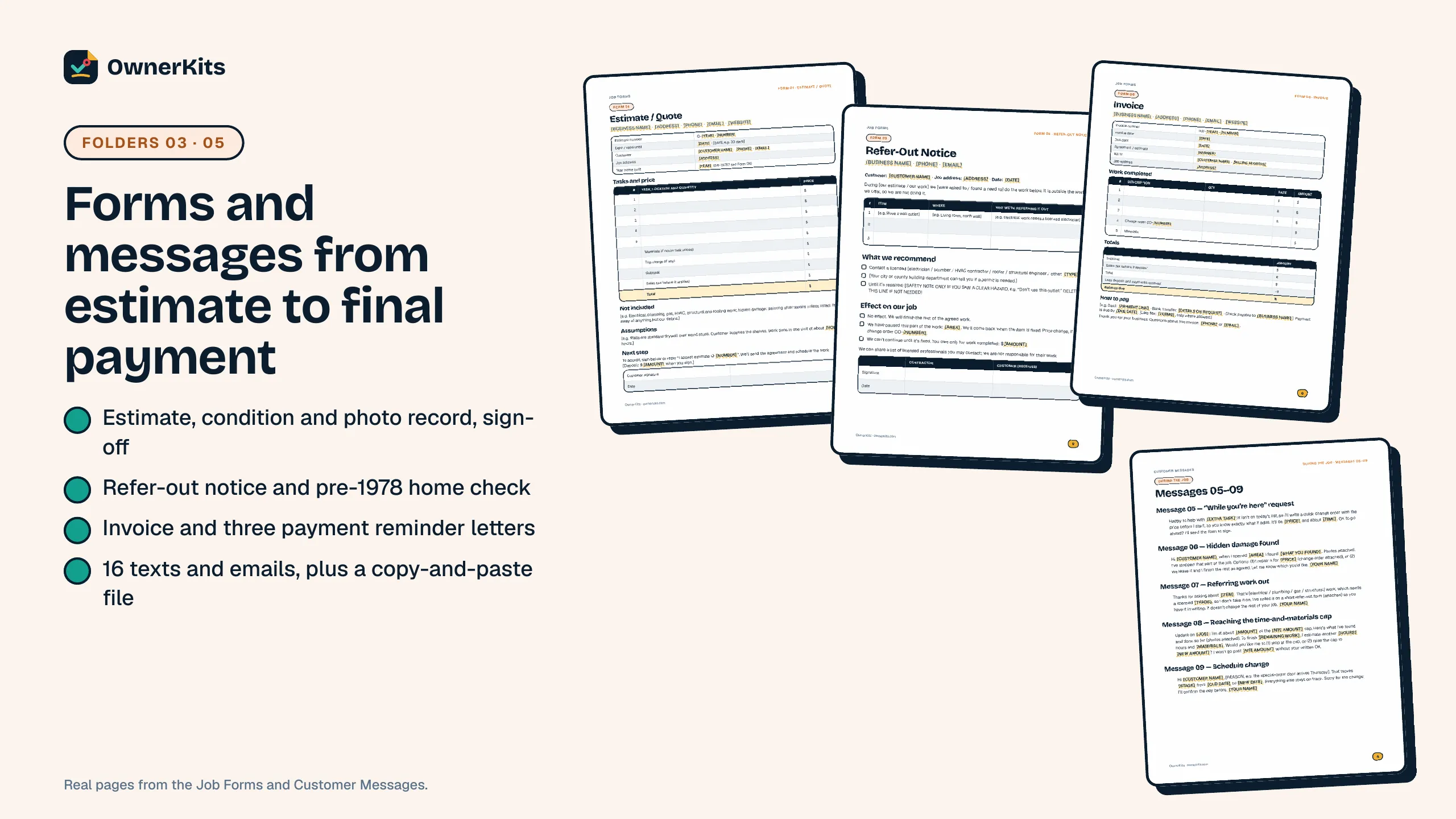 Estimate, refer-out notice, invoice and customer message pages from the pack